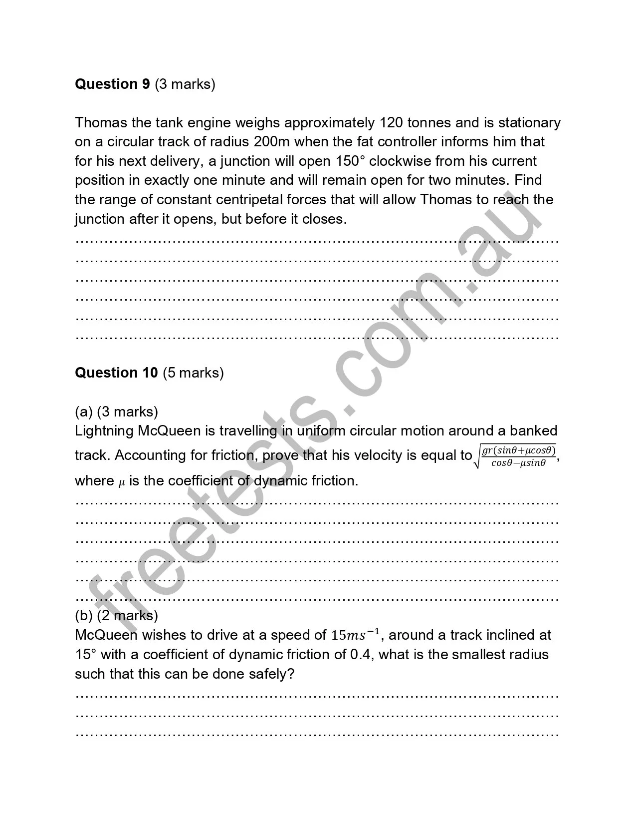 A worksheet with physics questions about a tank engine named Thomas and circular motion. The page includes problem statements and mathematical formulas.