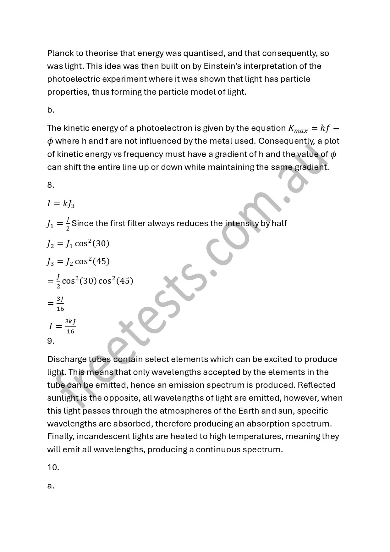 A screenshot of a scientific text discussing quantum physics and emission spectra, with equations and explanations about light and wavelength absorption.