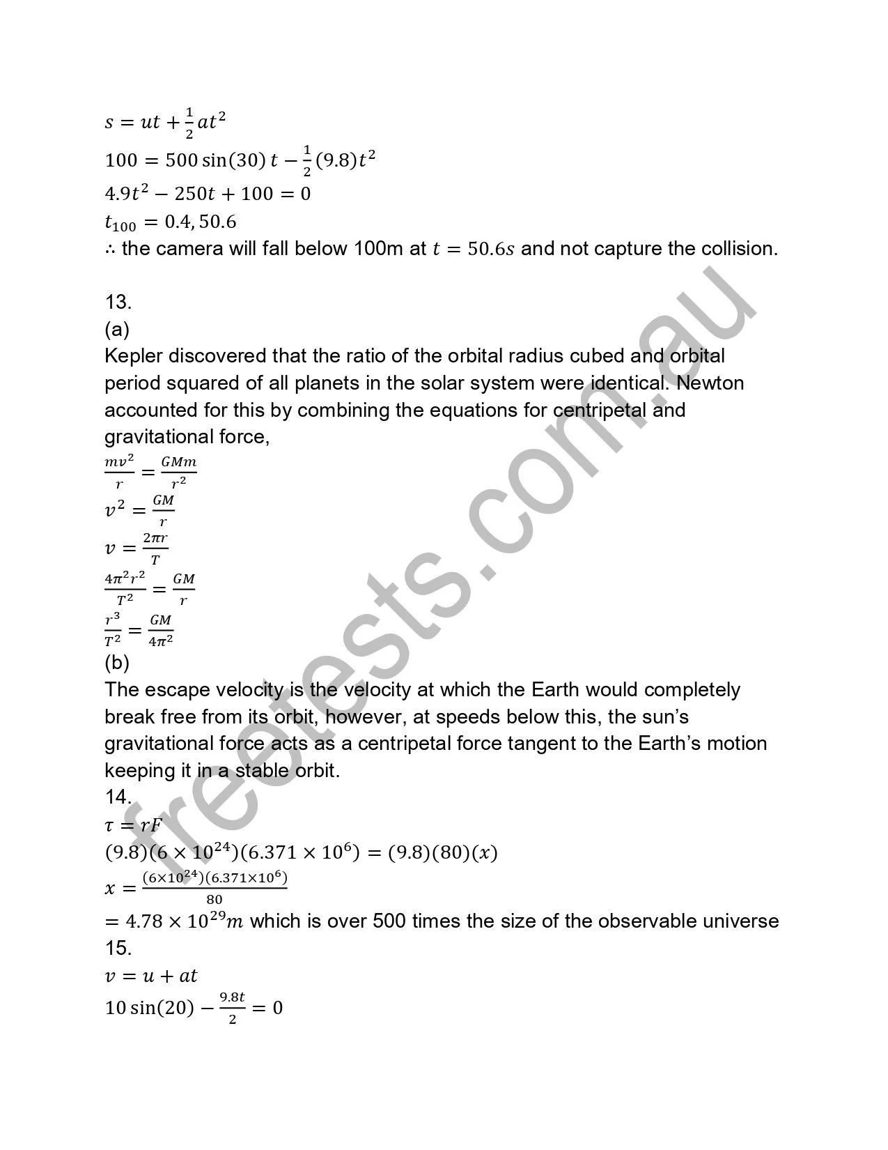 A page of scientific equations and explanations, including calculations related to orbital mechanics, velocities, and gravitational forces.