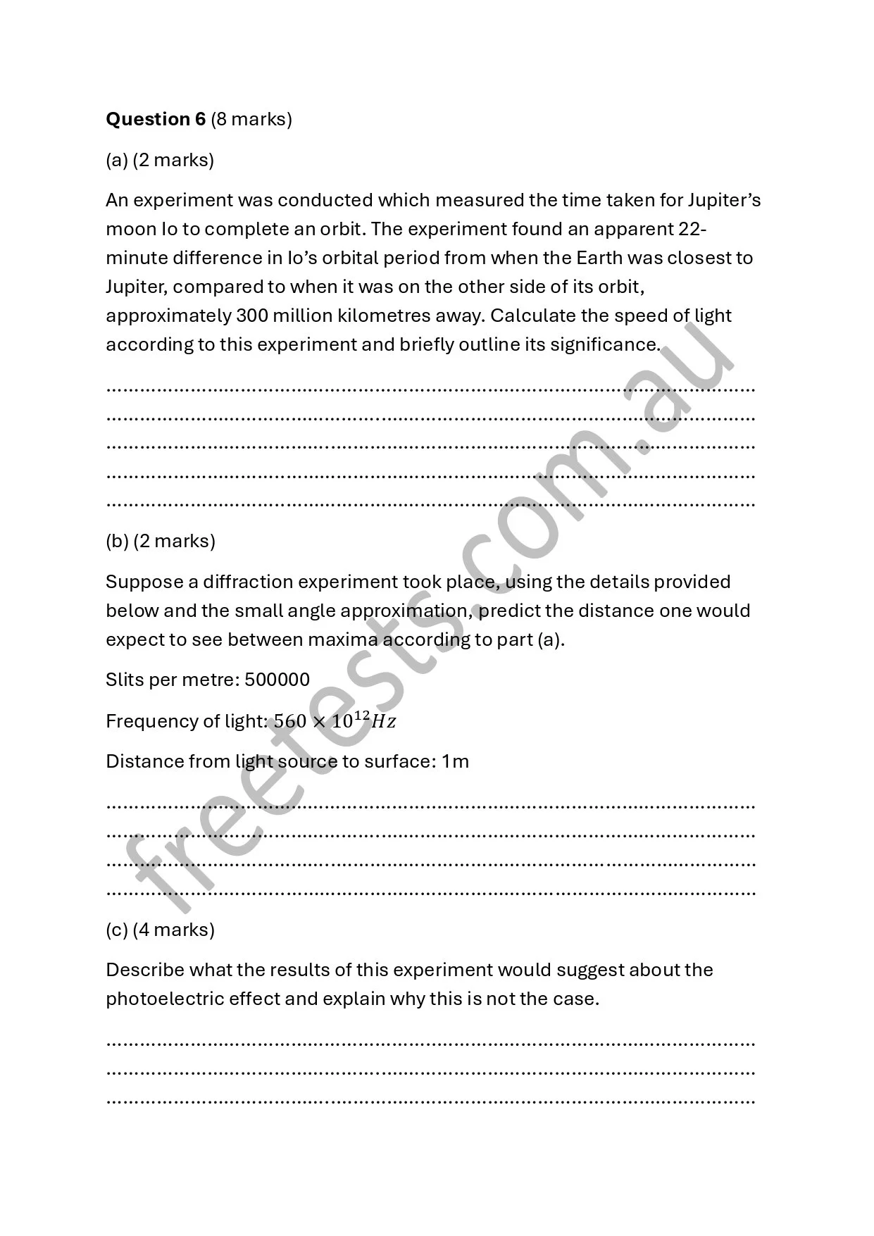 A physics homework sheet with questions on measurements and experiments involving Jupiter's moon Io, diffraction, and the photoelectric effect.