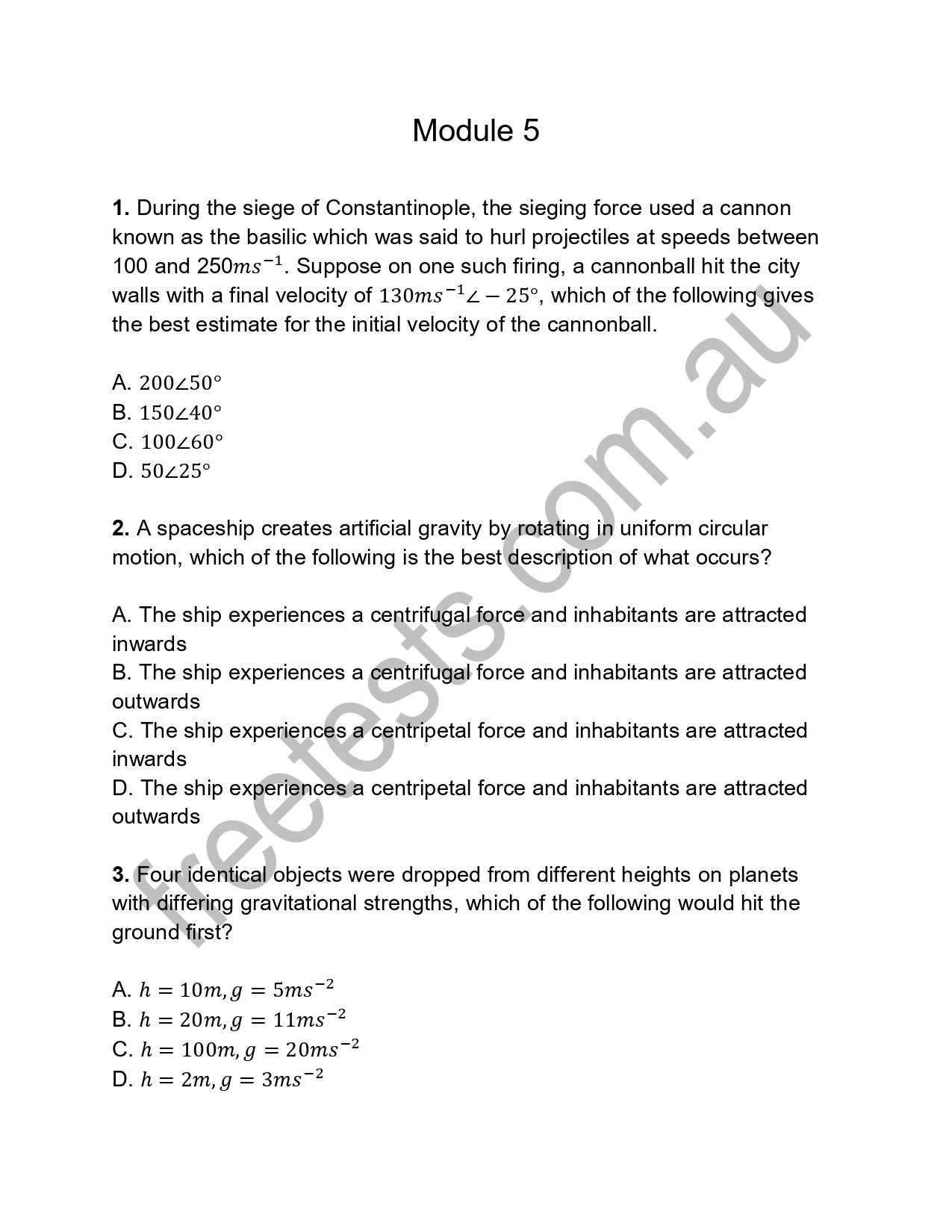 A screenshot of a multiple-choice quiz with three questions about physics and history. The first question involves cannon velocities during the siege of Constantinople, the second about a spaceship creating artificial gravity, and the third about obj