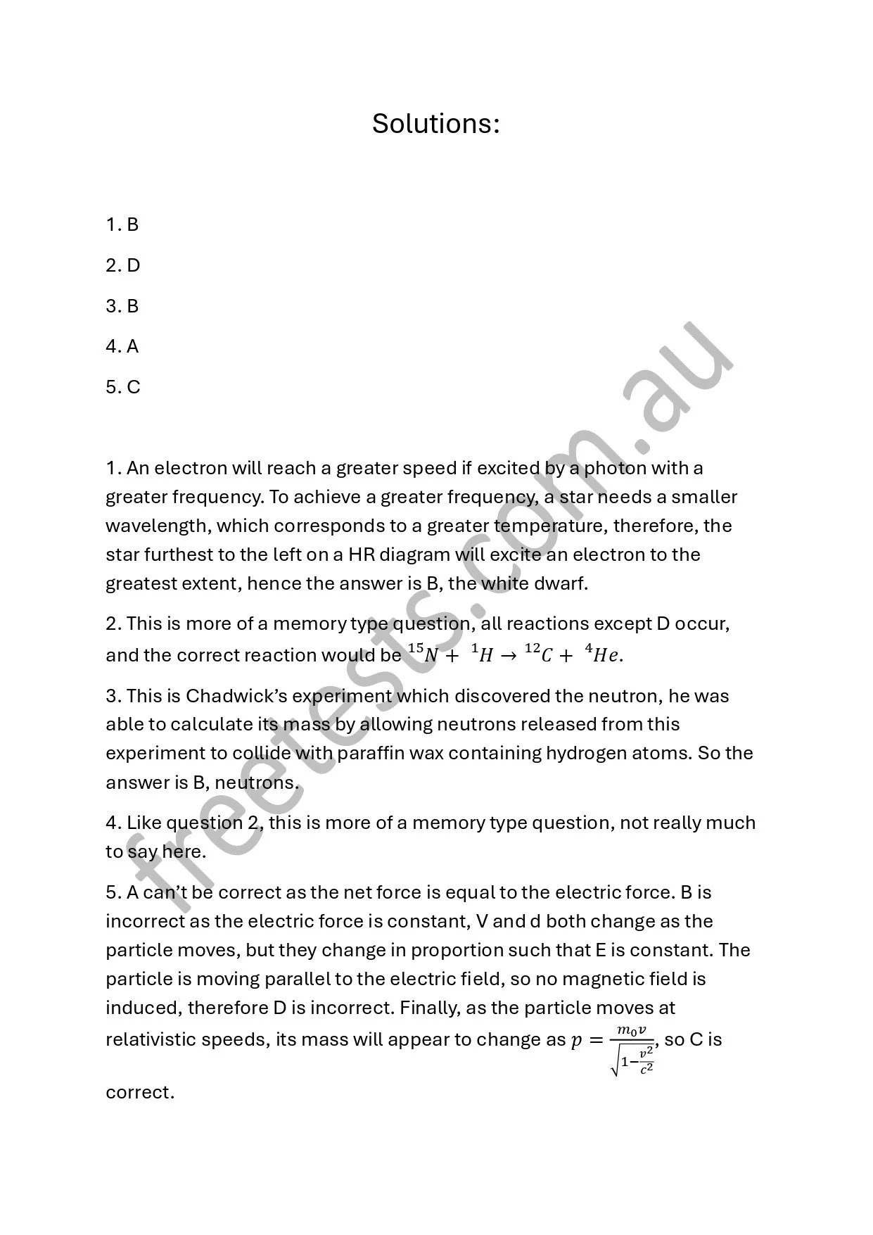 Page with solutions to physics questions, including topics such as electron speed, memory type reactions, neutron mass, and relativistic effects.