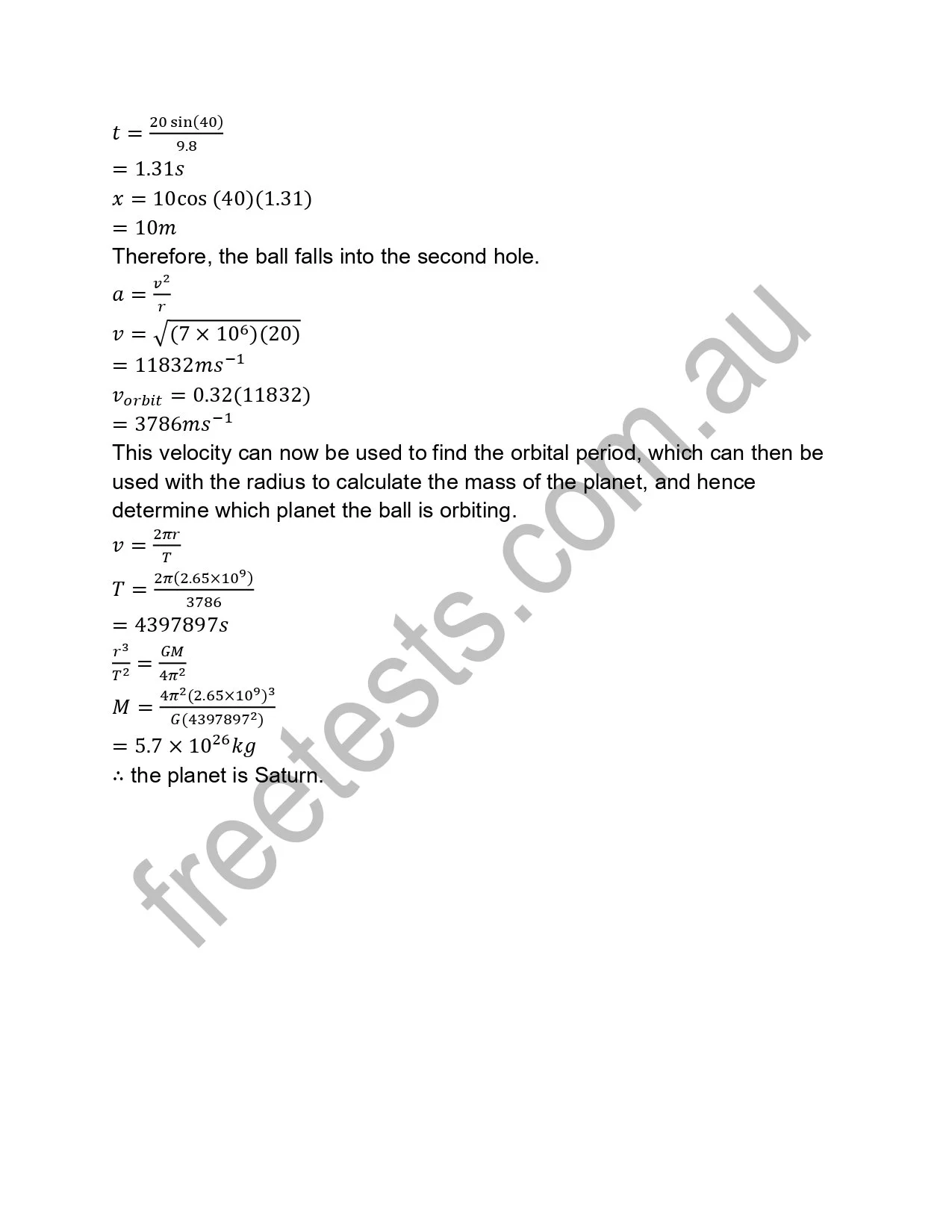 Scientific calculations and equations related to planetary motion and determination of Saturn's mass.