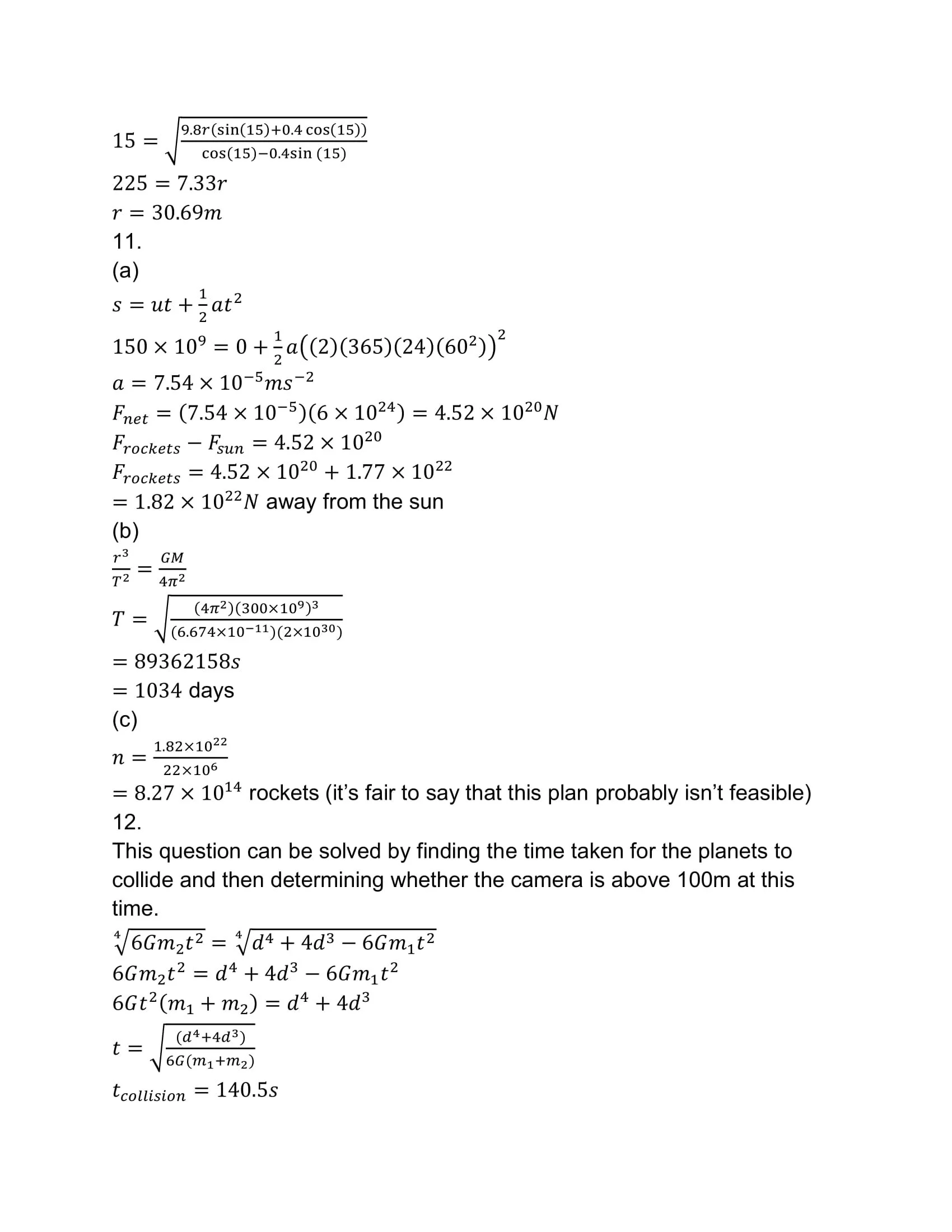 Page filled with mathematical equations and formulas, including calculations related to physics, astronomy, and rocket science.