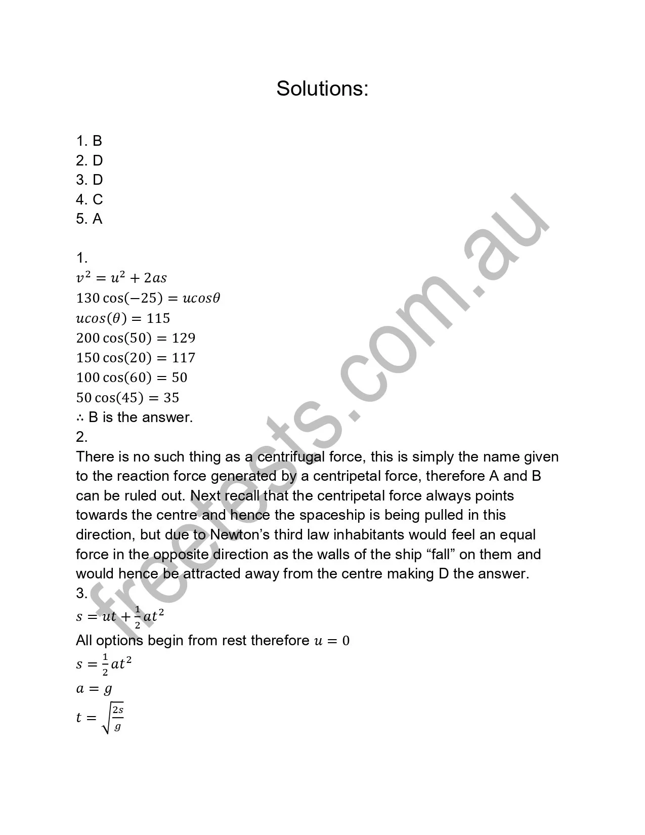Page with solutions and calculations for physics and mathematics problems, including equations, trigonometry, and physics concepts.