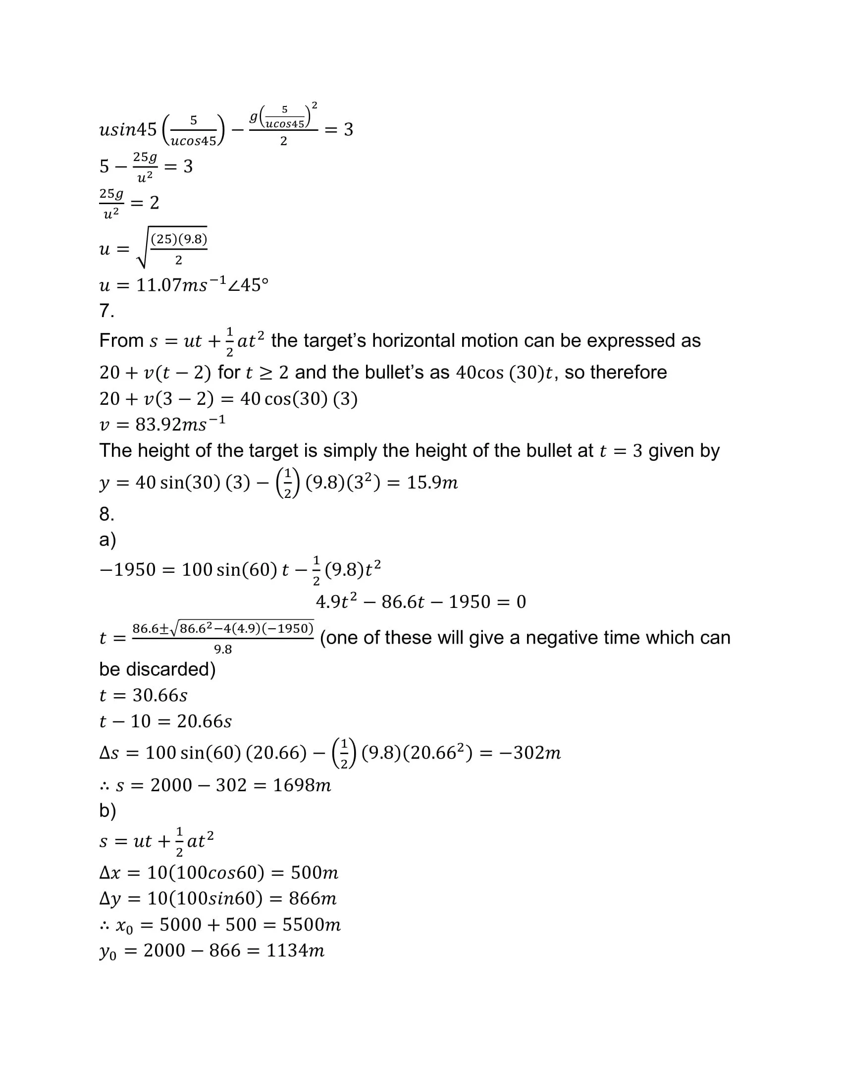 A page with mathematical equations and formulas related to physics, including calculations for velocity, height, and displacement in motion.