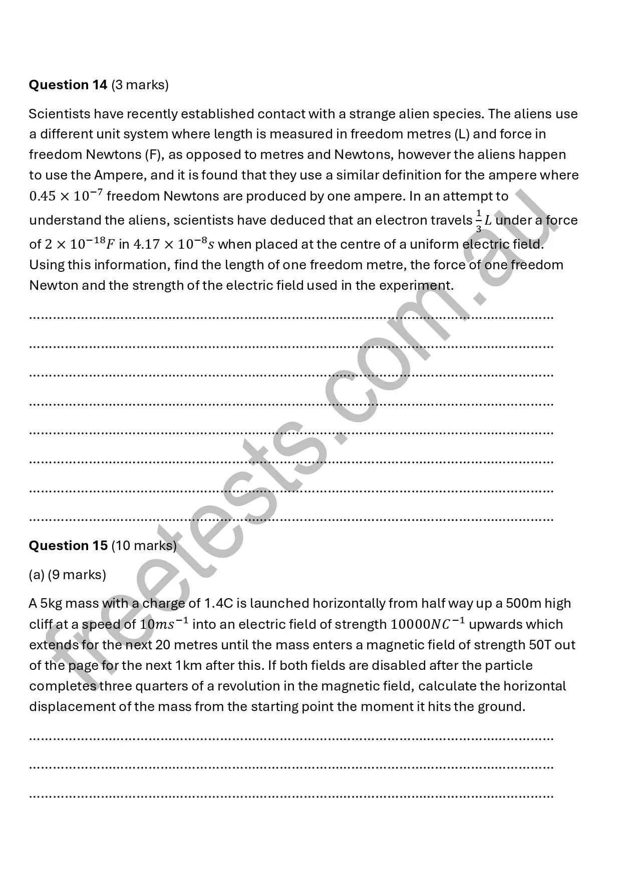 Two physics questions with detailed problems involving electric fields, forces, and magnetic fields with lots of scientific notation and calculations.