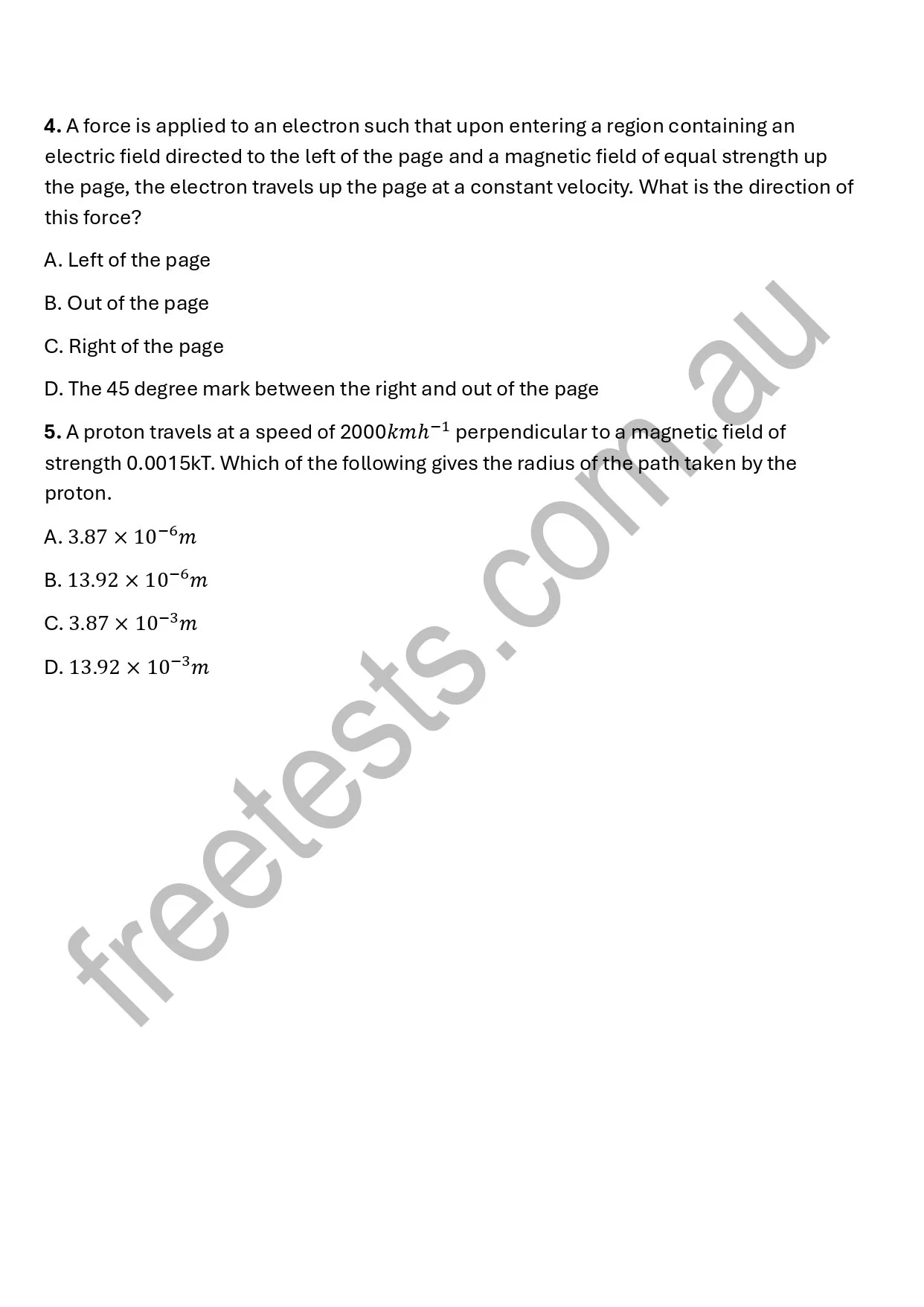 Screenshot of physics questions involving electric and magnetic fields, electron forces, and proton travel calculations.