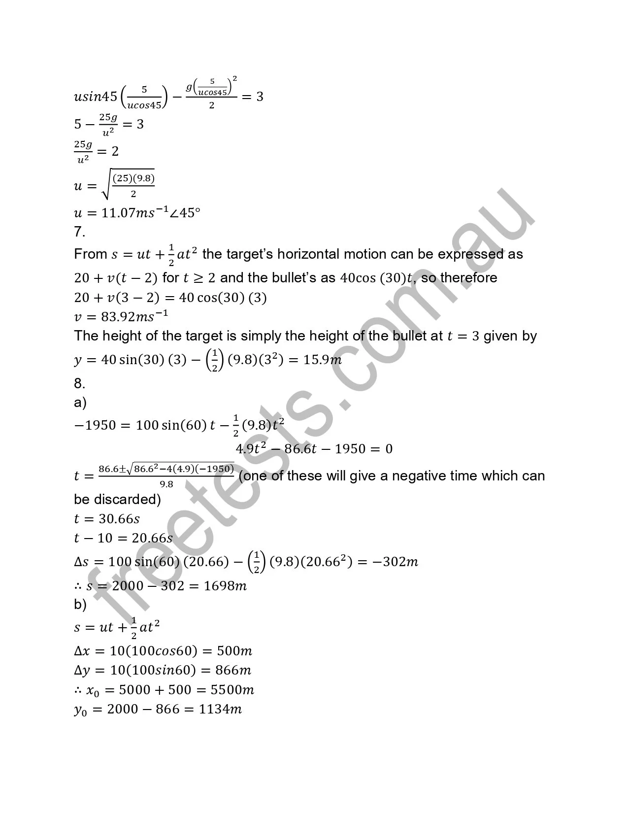 A page of mathematical equations and calculations, including trigonometry and physics related to projectile motion.