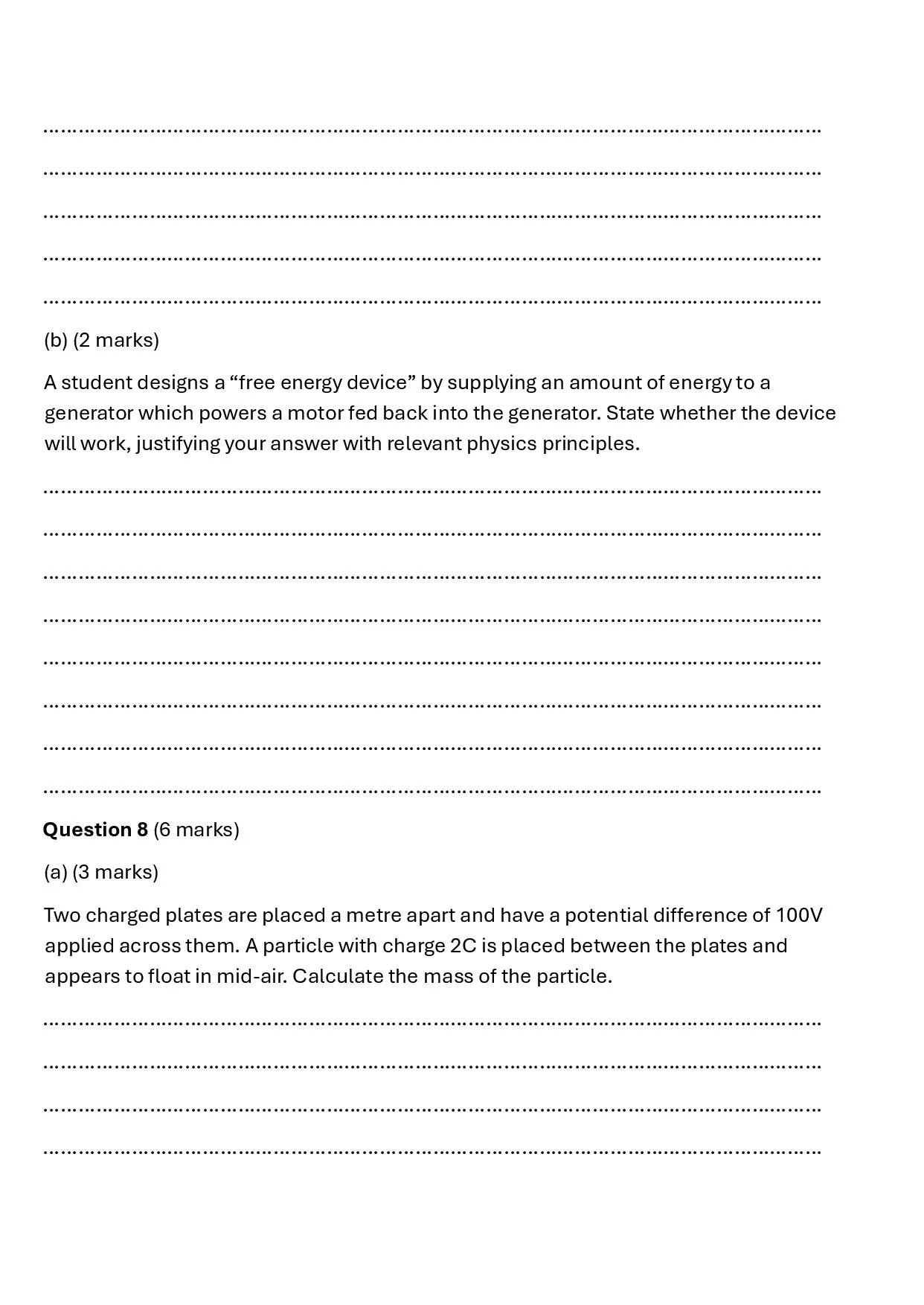 A photograph of a physics exam paper with questions about energy devices and charged plates.