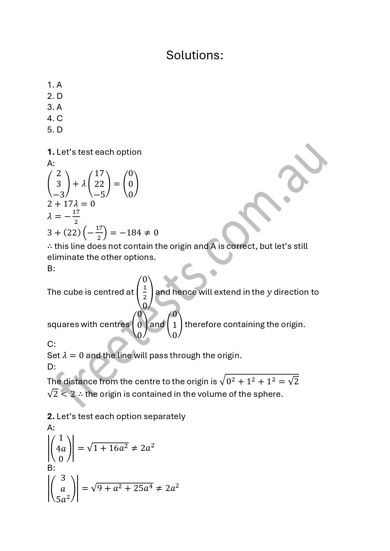 Mathematical solutions involving vectors, matrices, and equations, with multiple-choice options and explanations.