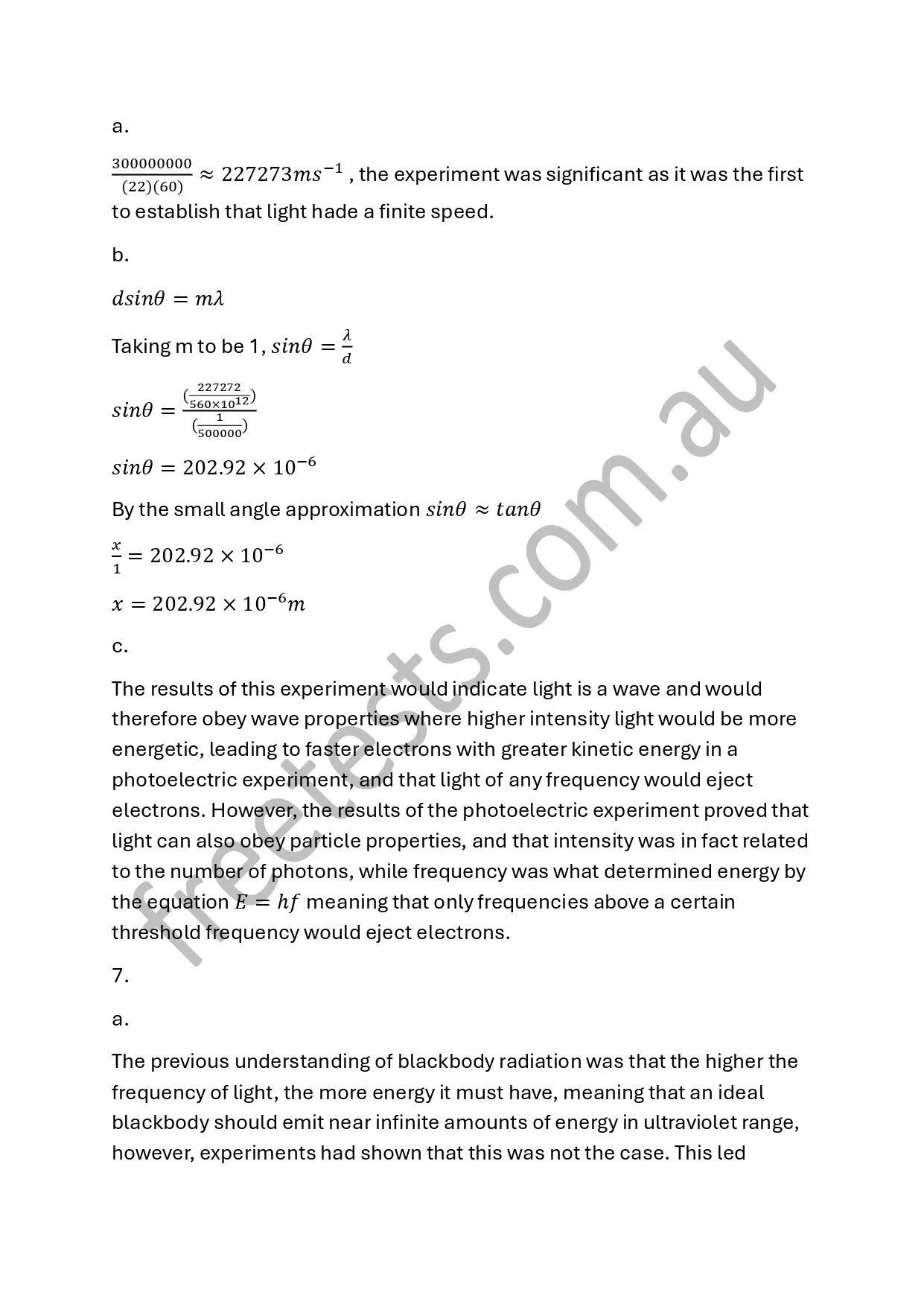Page with scientific text and equations, discussing the speed of light, wave properties, and photoelectric experiment results.