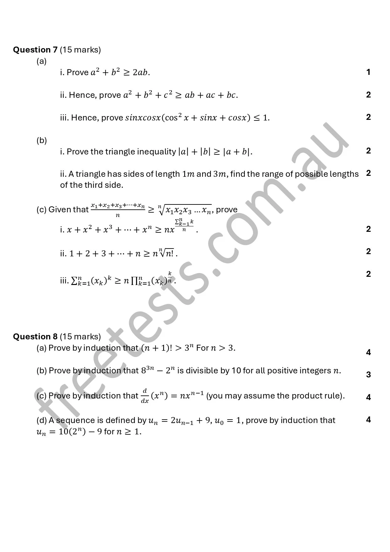 Mathematics exam questions with various algebraic and geometric problems, including proofs and inequalities.