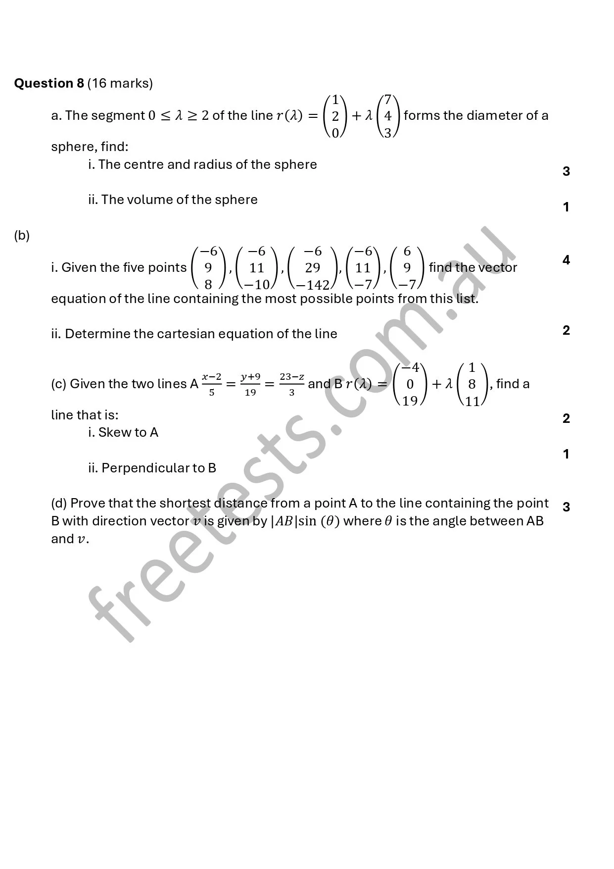 Math worksheet with calculus and geometry problems, including equations, points, lines, and vectors.