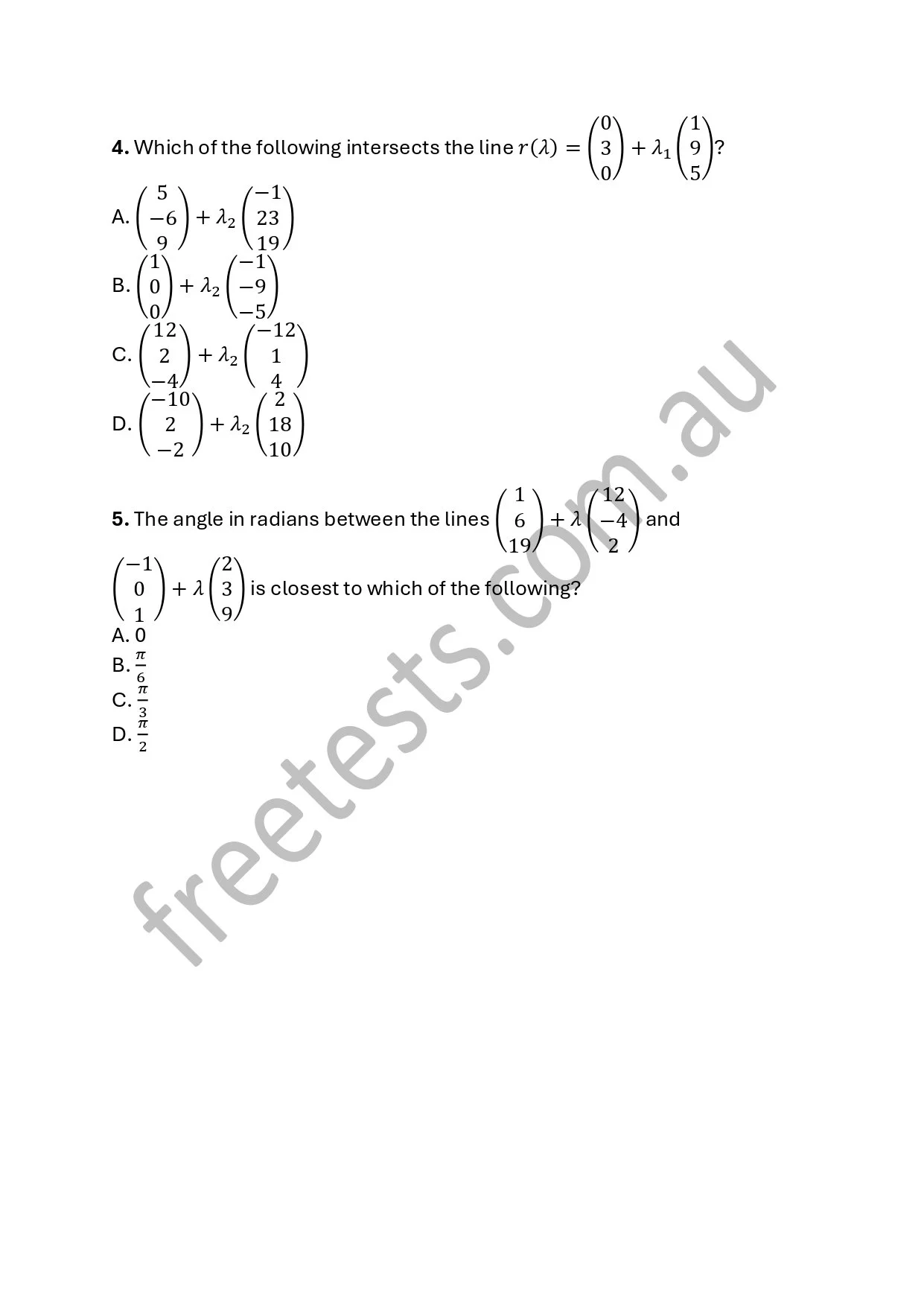 Mathematics exam questions with matrices and vectors.