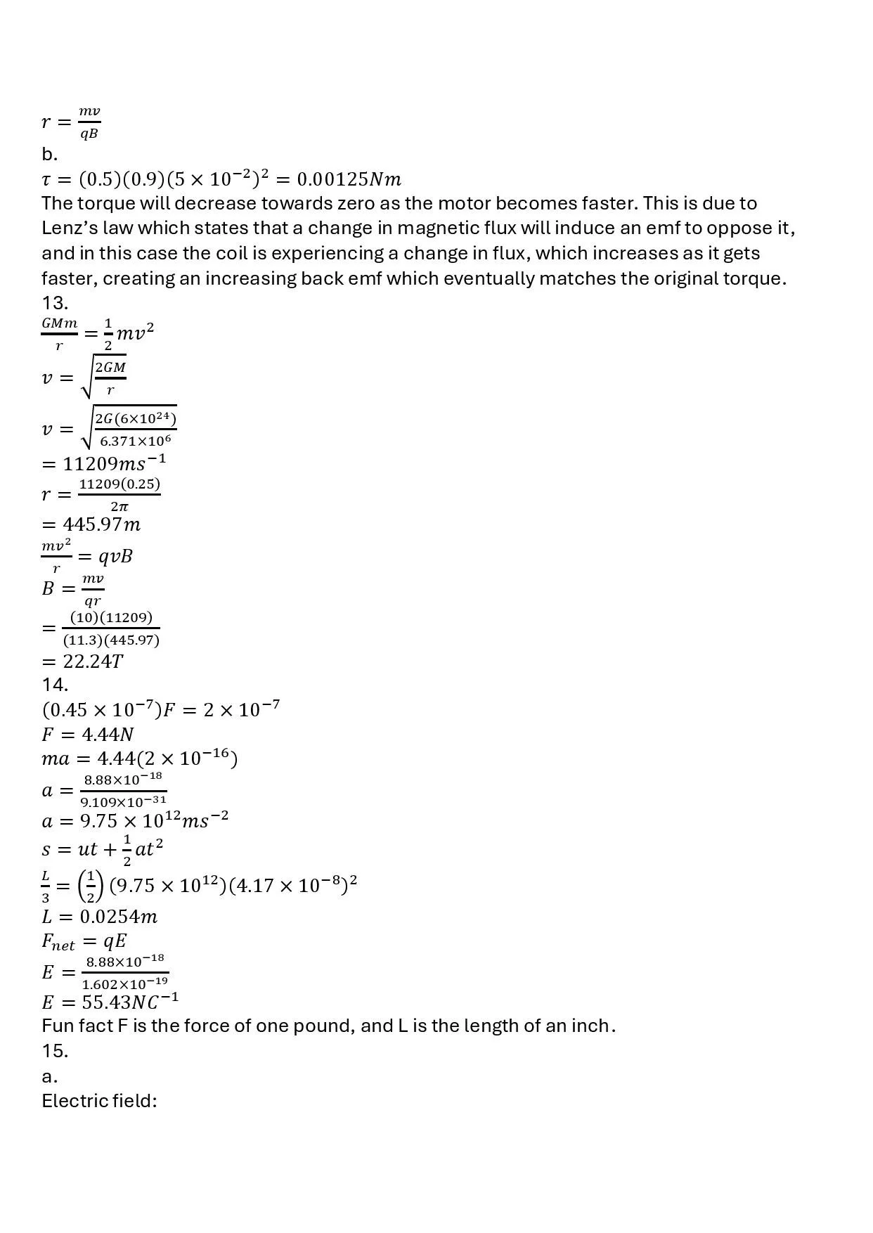 Page of scientific or physics formulas and calculations, including equations related to torque, magnetic fields, acceleration, and energy.