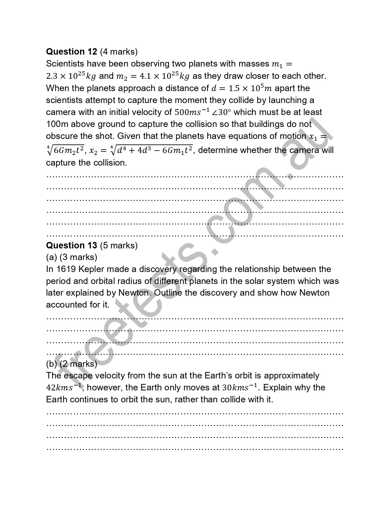 A page from a science exam with questions about planetary motion, Kepler's discovery, and Earth's orbit.