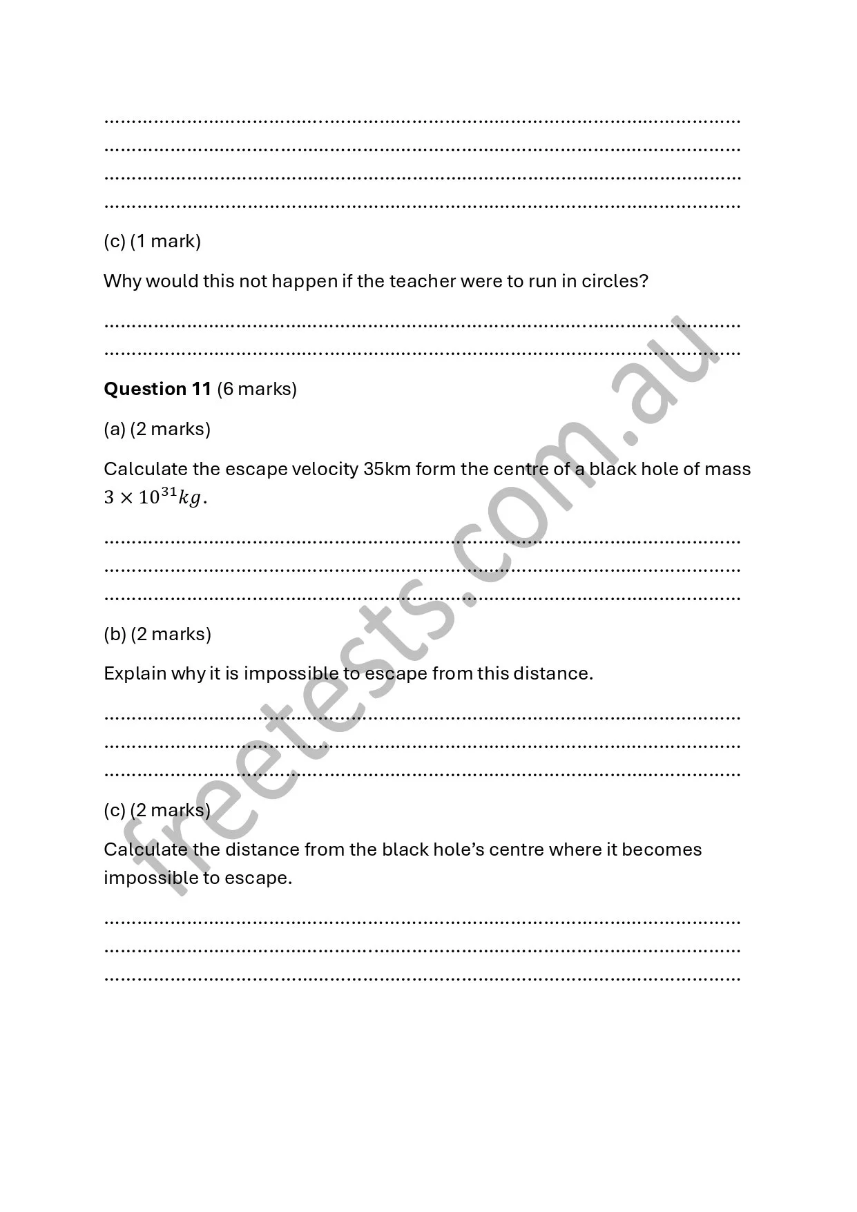 A worksheet with physics questions about black holes, escape velocity, and related calculations.