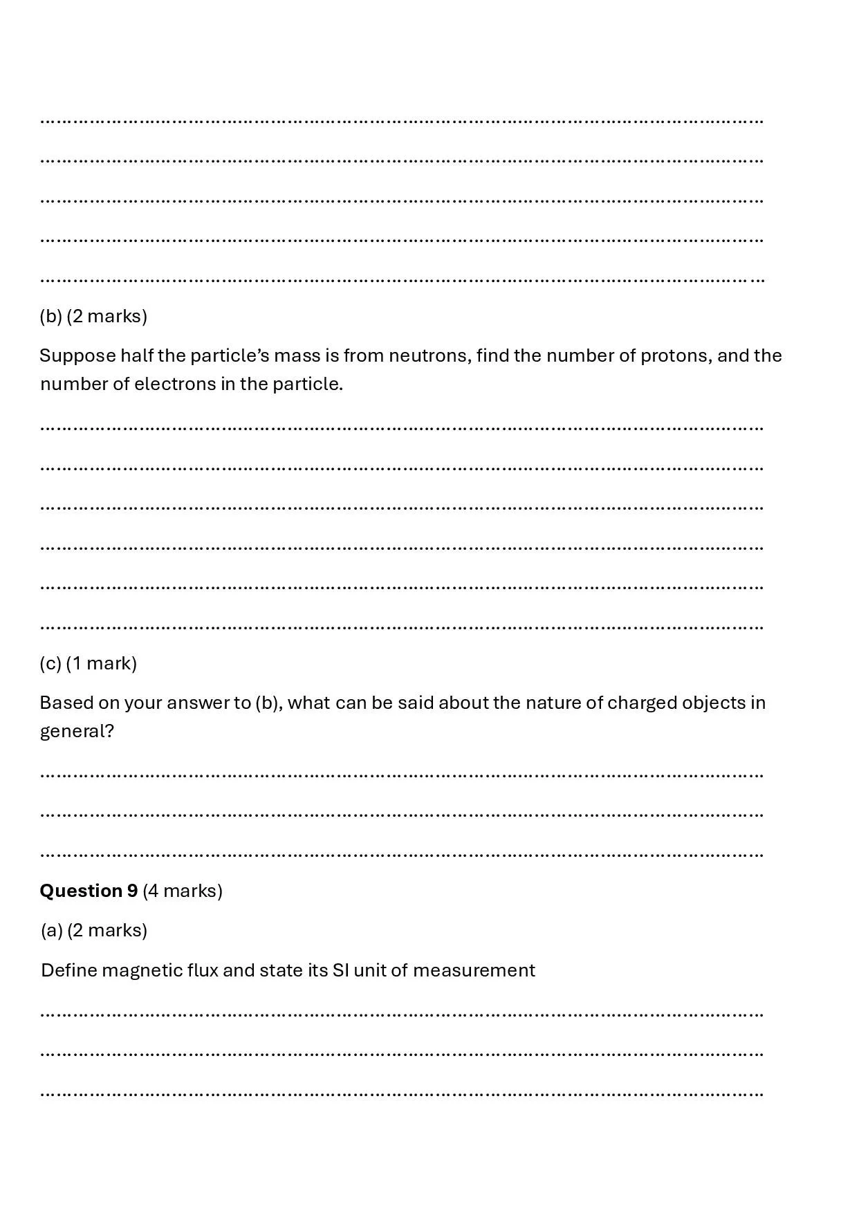 A physics worksheet containing questions related to particles, charges, and magnetic flux, with spaces for written answers.