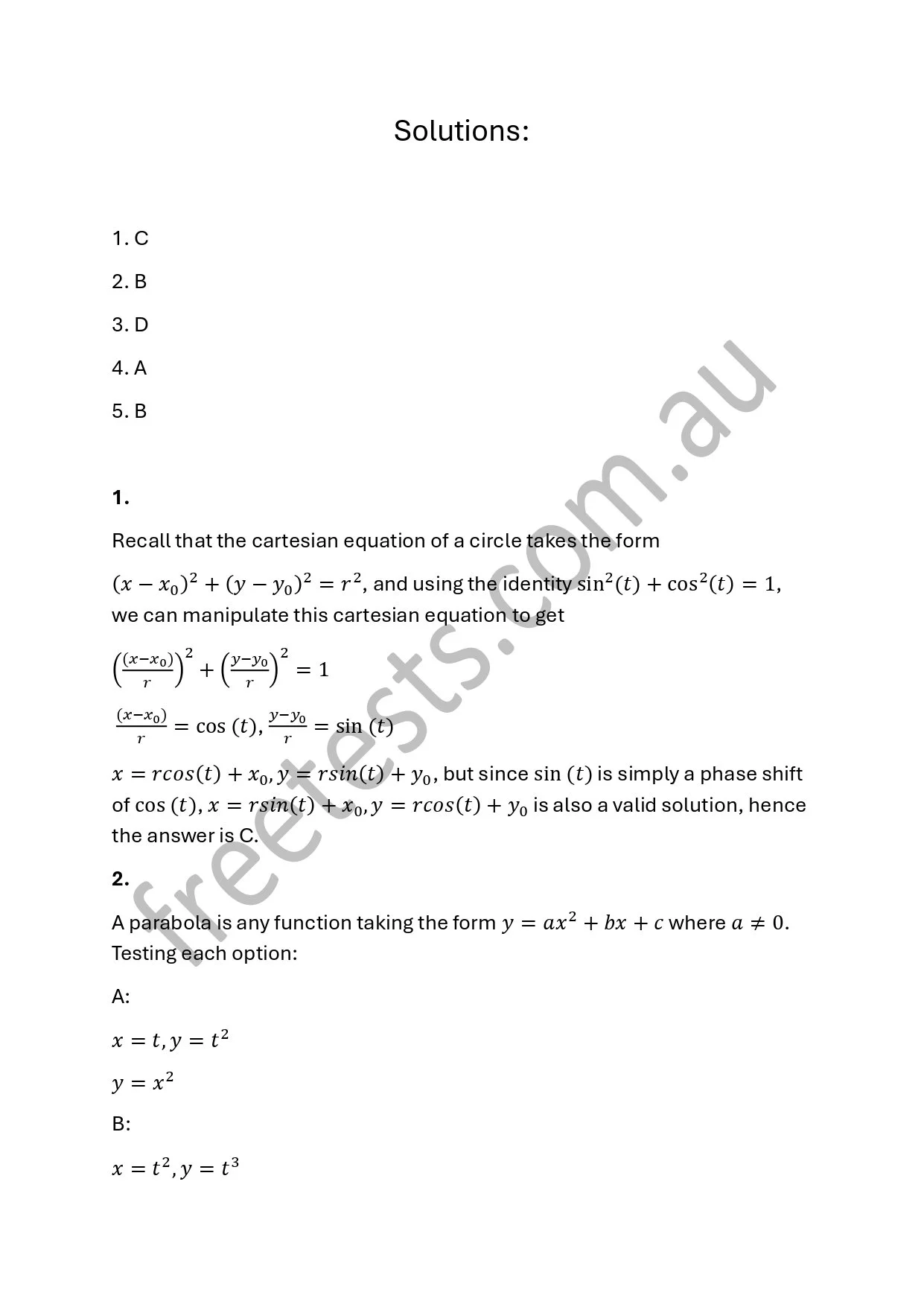 A page titled 'Solutions' containing mathematical solutions, including equations and explanations related to circles and parabolas.