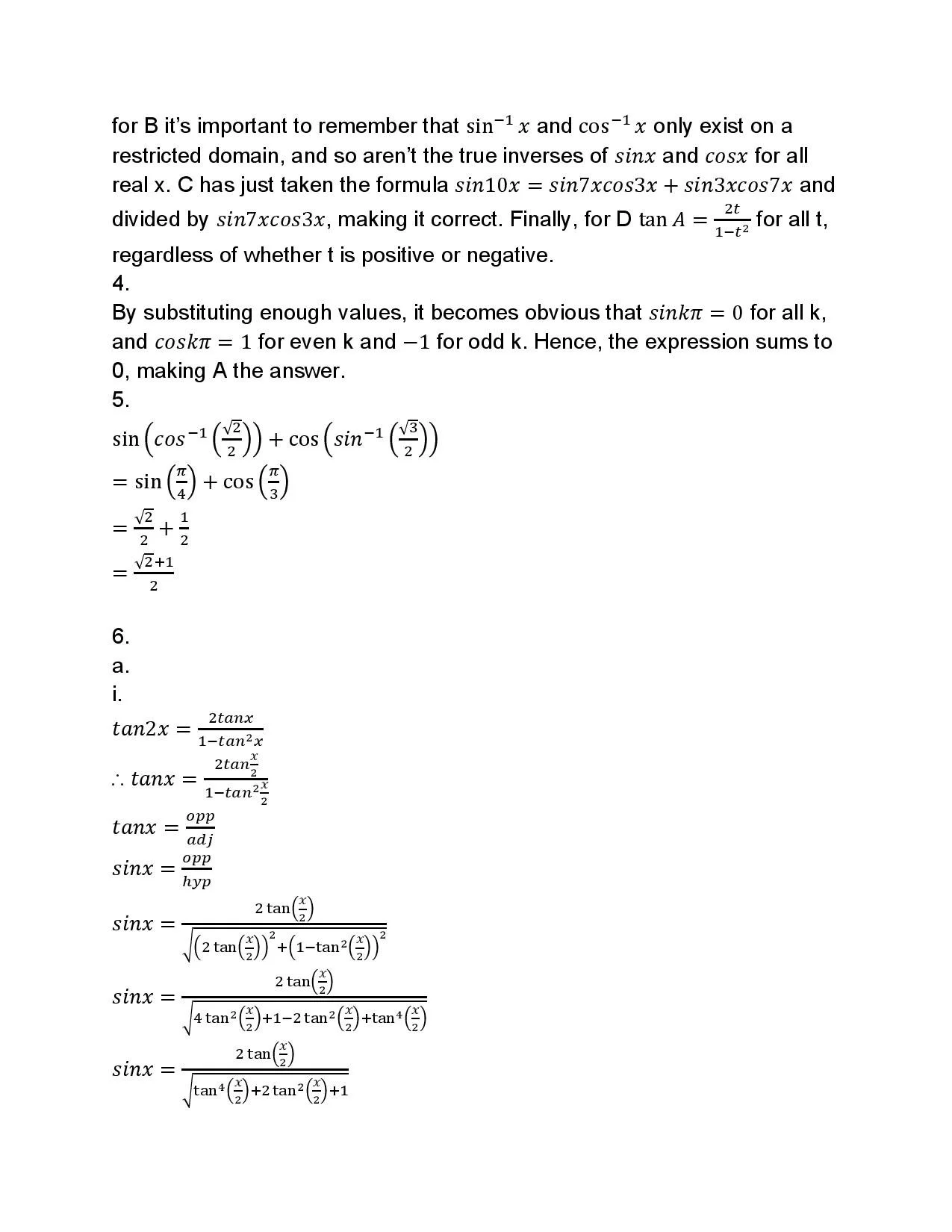 Mathematical equations and text discussing inverse trigonometric functions, formulas, and algebraic simplifications.