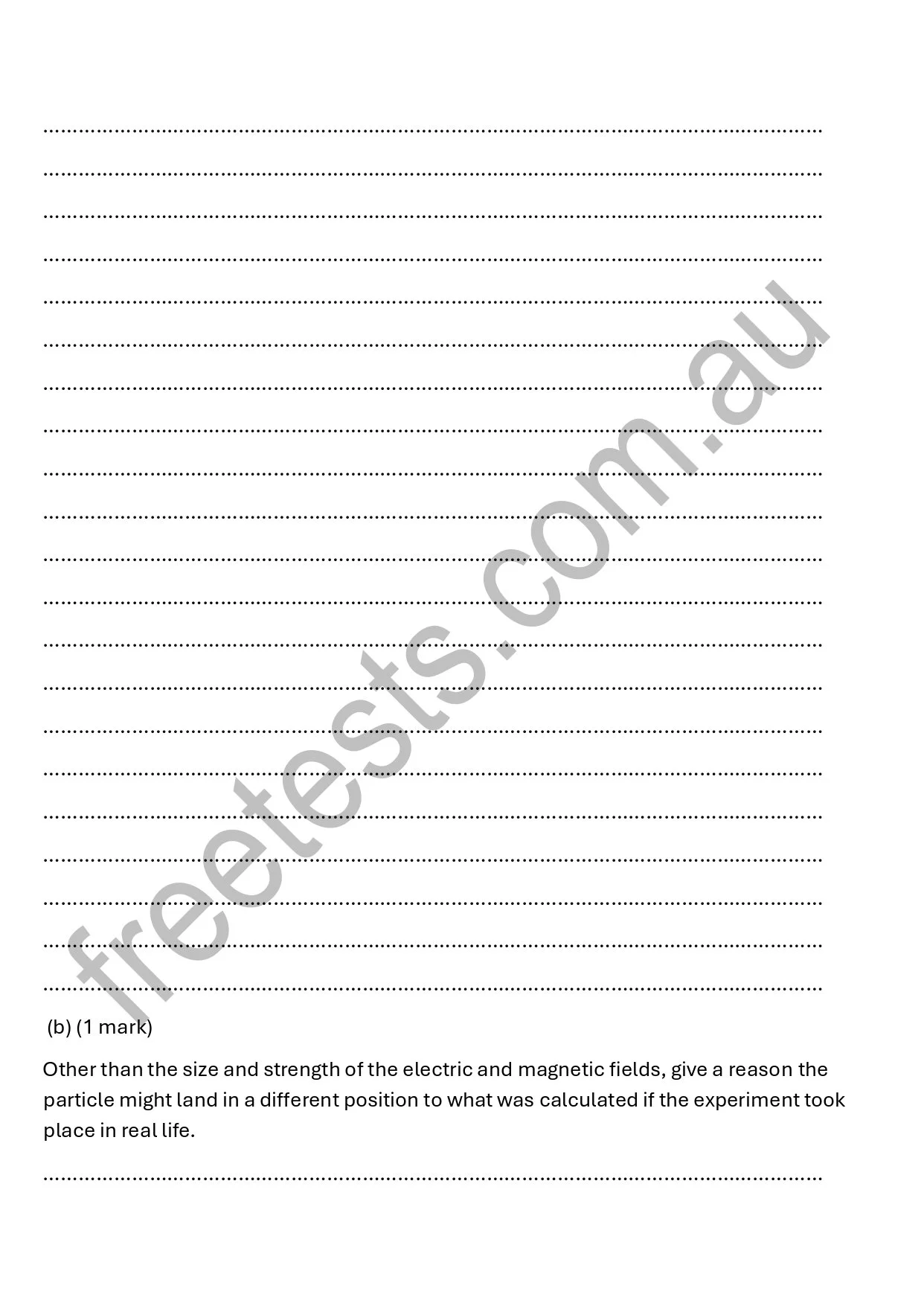 A worksheet with dotted lines for writing and a question about particles in real life, with a large watermark text across it that reads 'free-essays.com.au'.