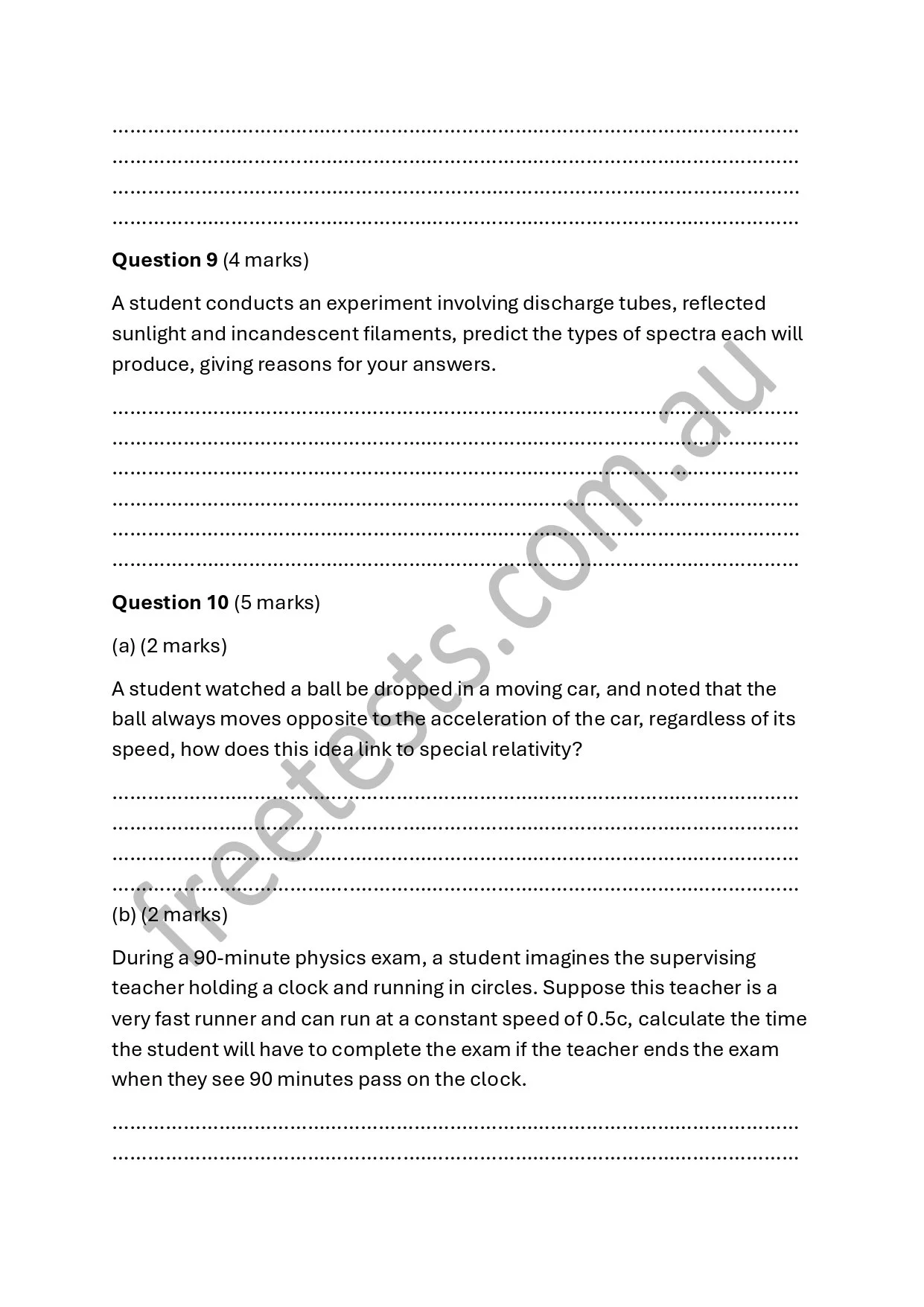 A page from a science exam or worksheet with questions about spectra, special relativity, and timing of a physics exam.
