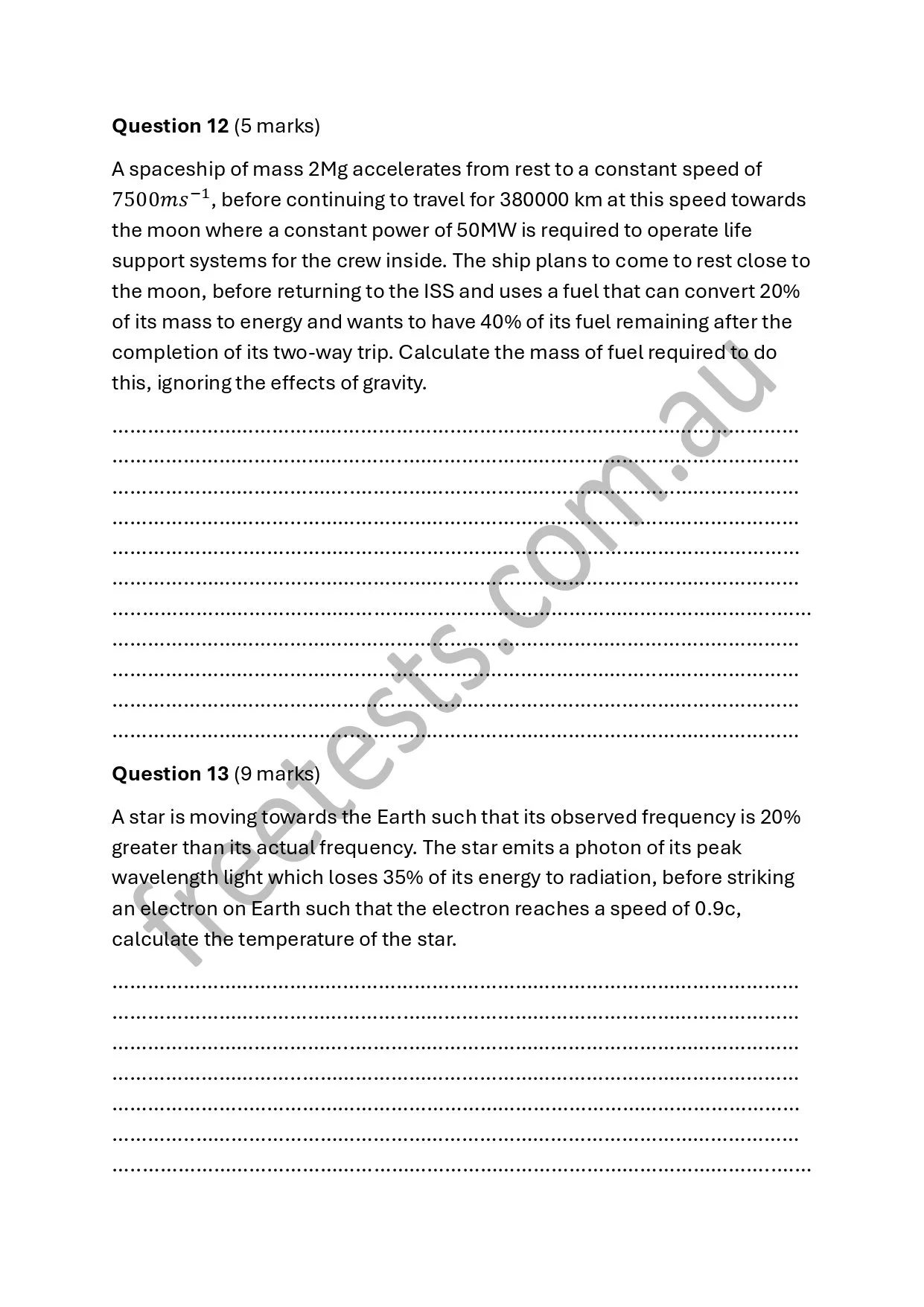 Page from a physics exam with questions about spacecraft speed, fuel calculation, and star temperature.
