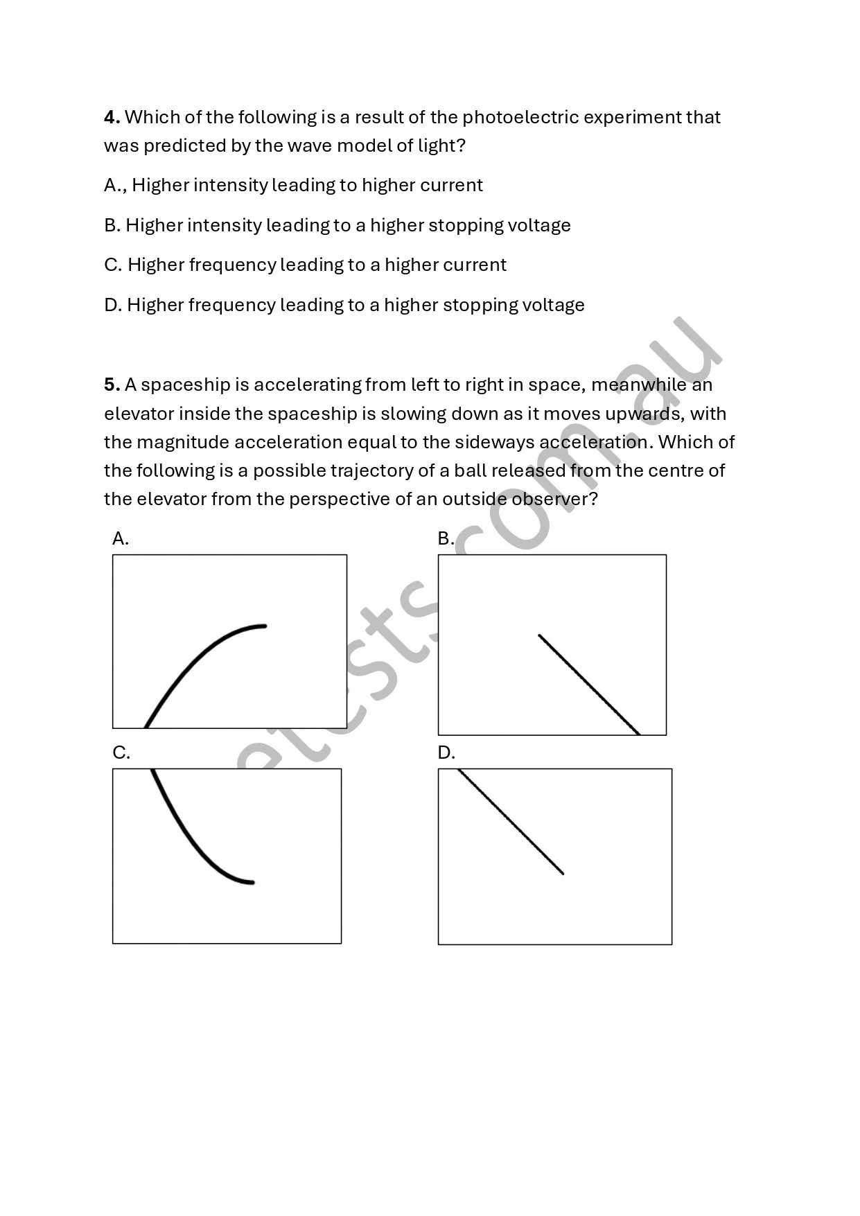 Multiple-choice science test questions about photoelectric effect and projectile motion, with diagrams showing trajectories of a ball and lines representing motion paths.