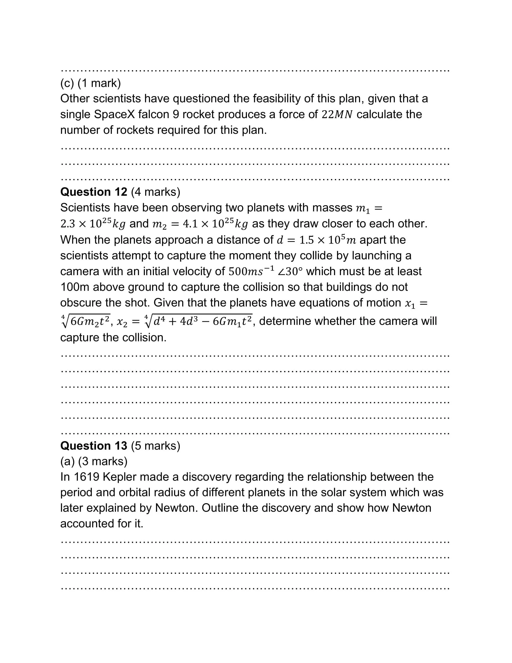 Exam paper with questions related to physics and astronomy, including formulas and calculations about rocket science, planetary motion, and historical discoveries.