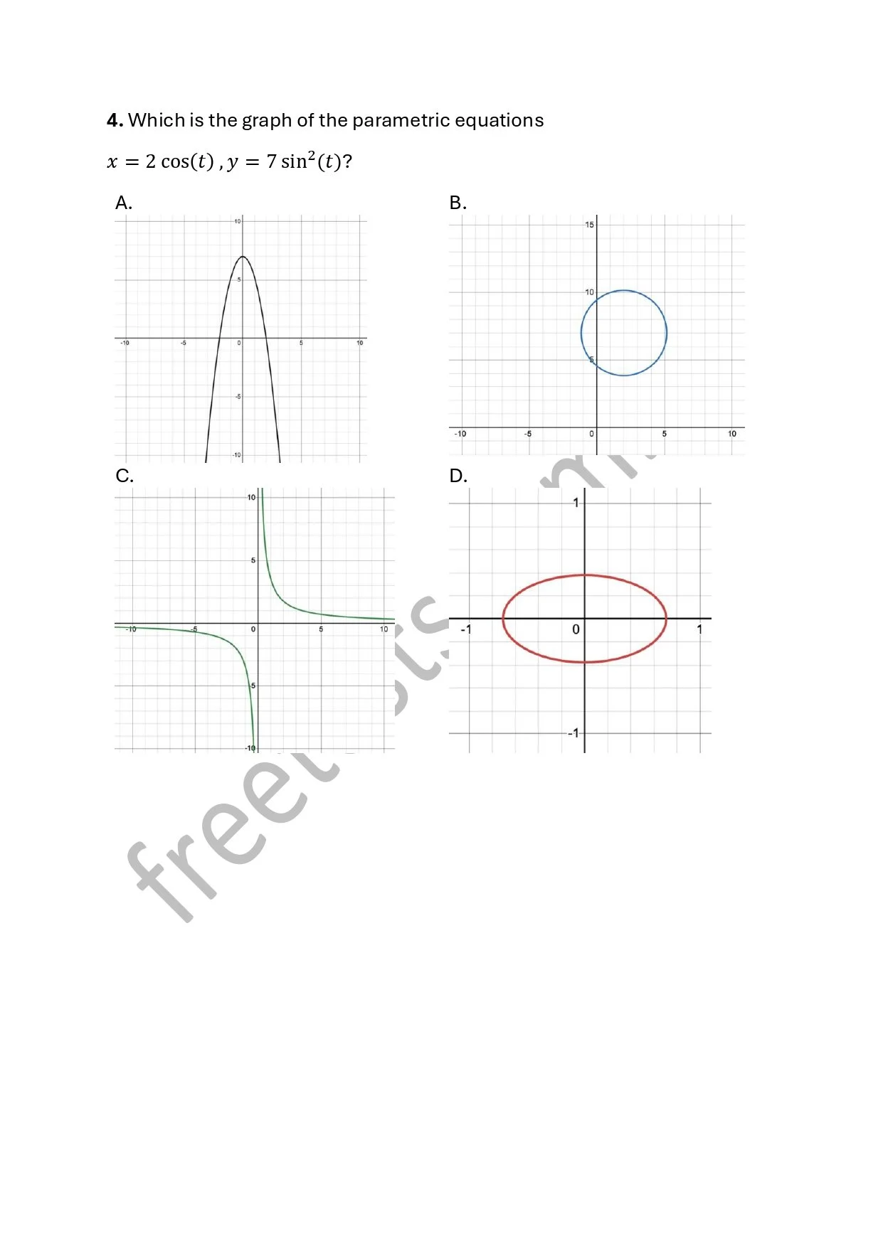 A multiple-choice math question with four graphs labeled A, B, C, and D. The question asks which graph matches the parametric equations x = 2 cosine(t), y = 7 sine squared(t). Graph A shows an ellipse, B shows a circle with a larger radius, C shows a
