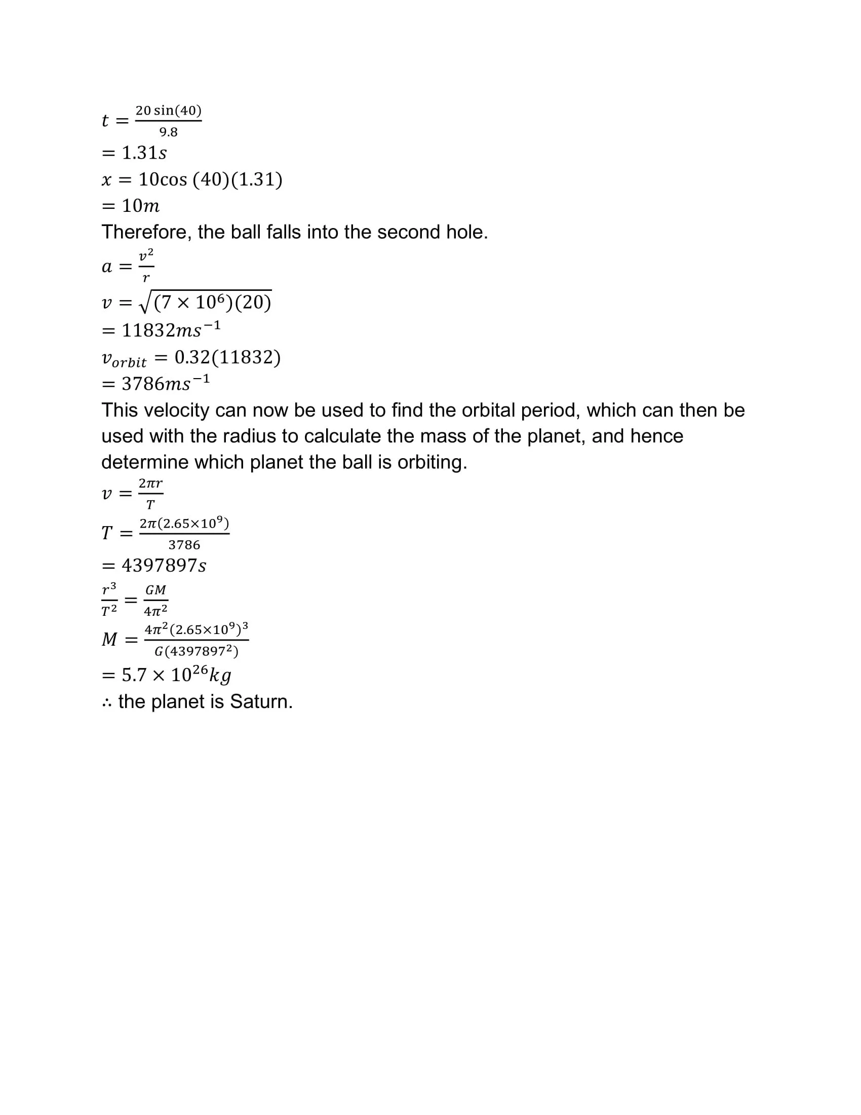 Math equations and calculations related to the orbital velocity and mass of Saturn, including formulas for time, distance, velocity, orbital period, and mass.
