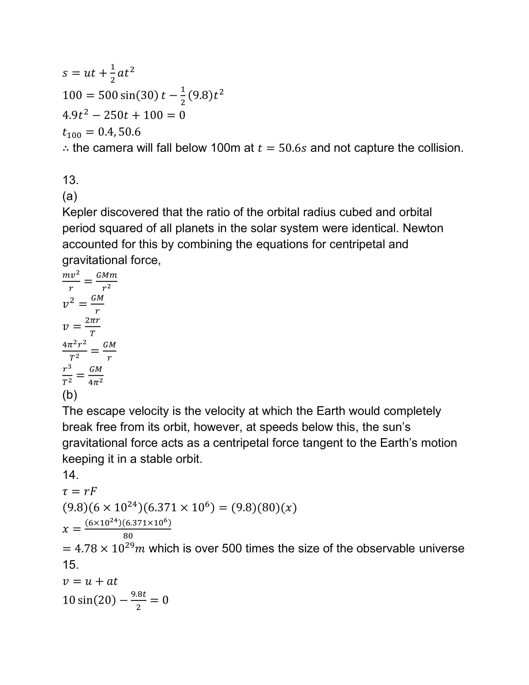 A page of scientific equations and explanations, including physics formulas related to velocity, gravitational force, and orbital mechanics.