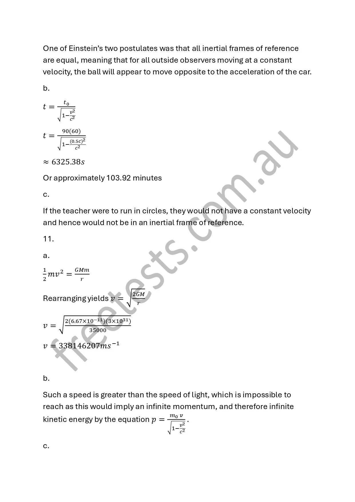 A page from a physics textbook explaining Einstein's postulate about relative motion and equations related to velocity, acceleration, and relativistic momentum with mathematical formulas and calculations.