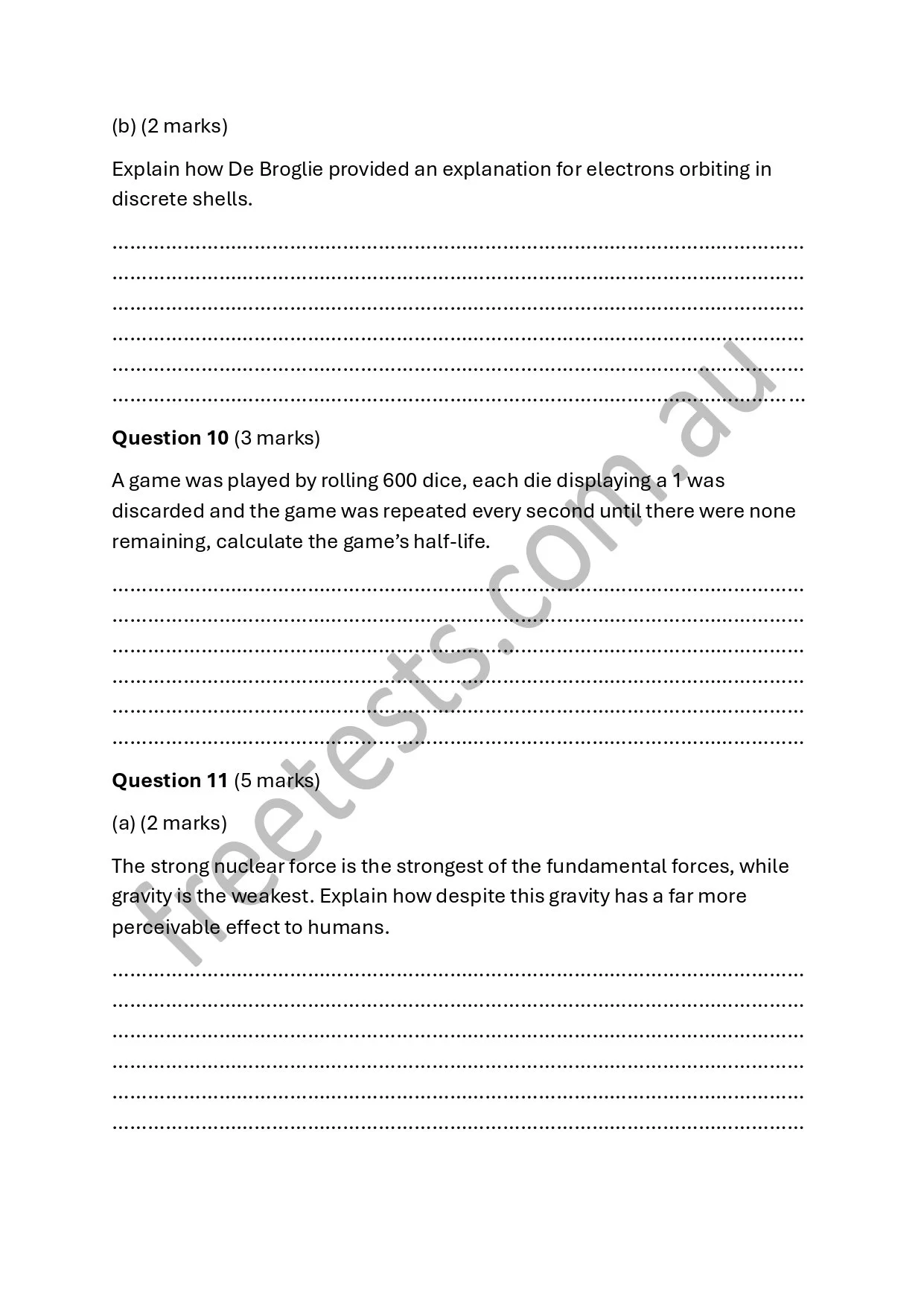 A printed science and math exam paper with questions about atomic shells, rolling dice, and nuclear forces.