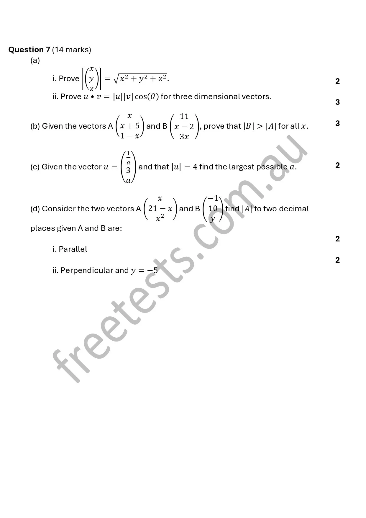 Mathematics exam paper with questions involving vector proofs and calculations.