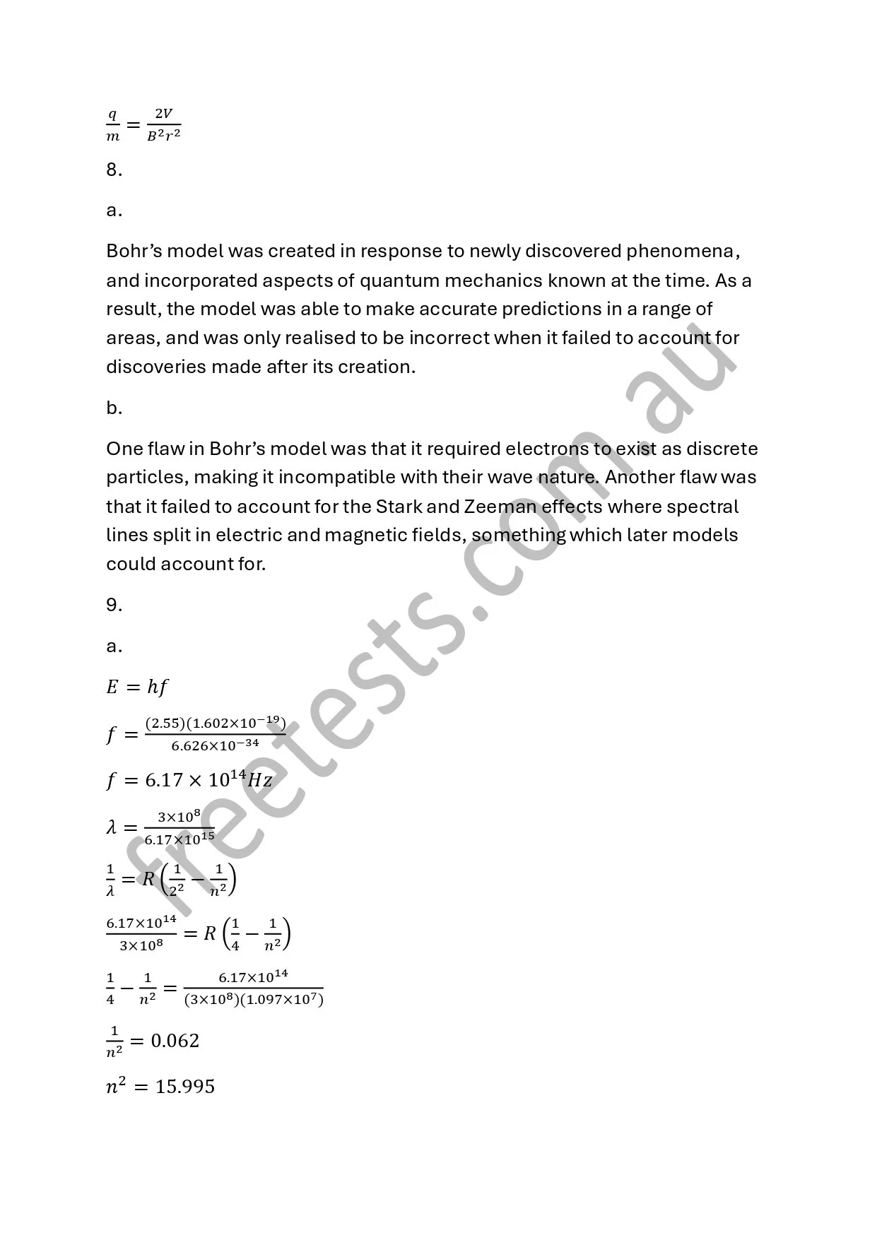 Page of a scientific textbook with mathematical equations and explanatory paragraphs about Bohr's model and quantum mechanics.