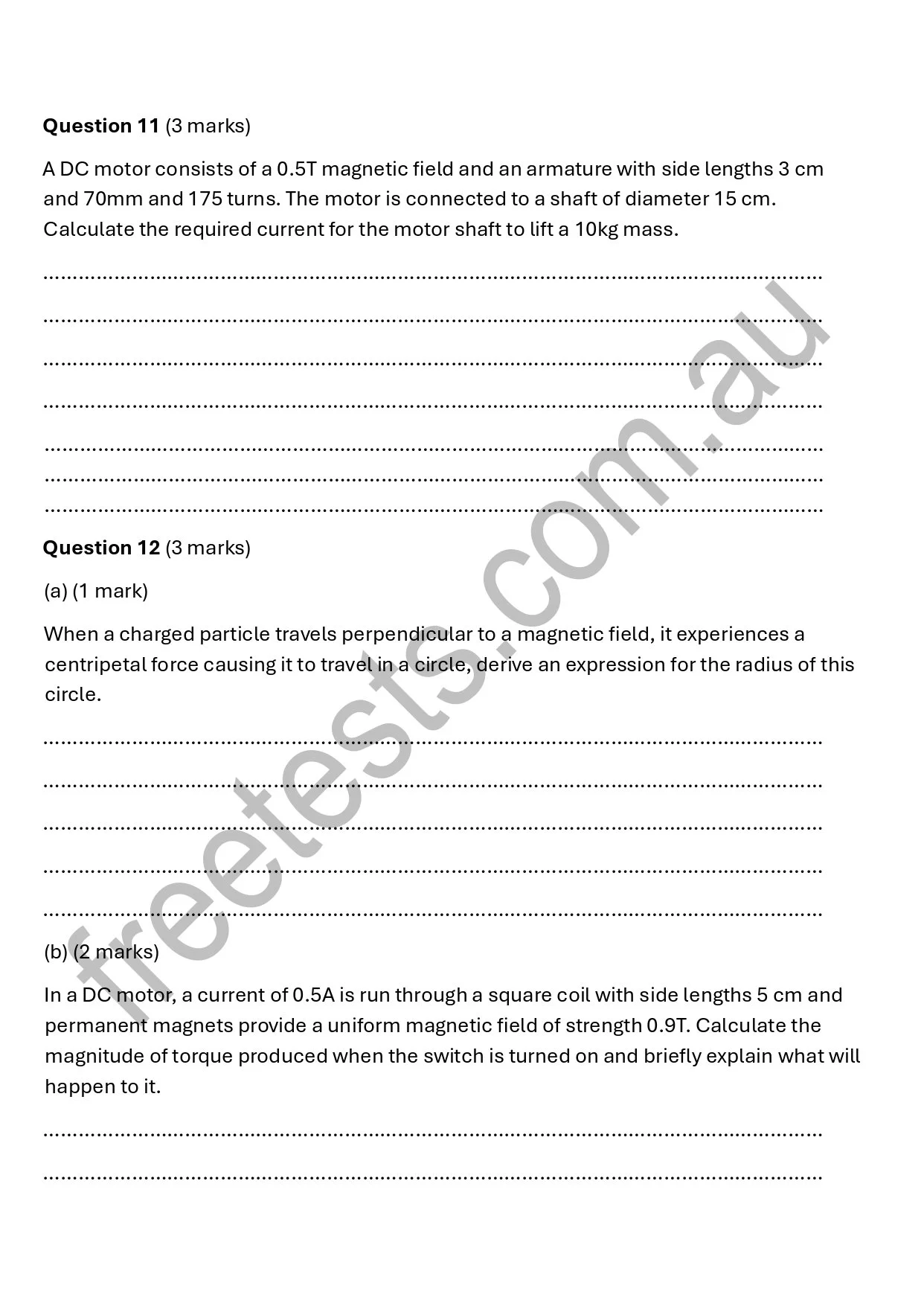 A scanned page of physics exam questions about DC motors, magnetic fields, and related calculations.