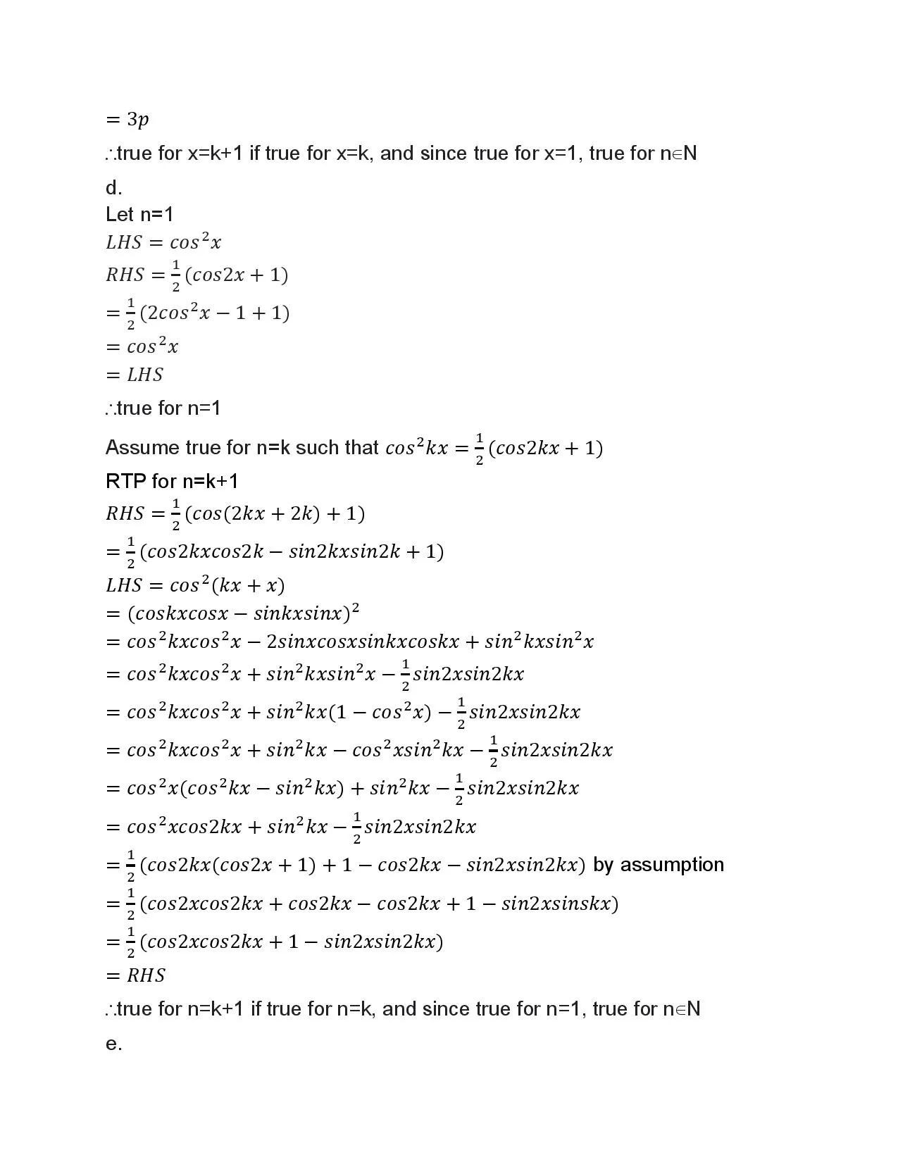 Mathematical proof involving trigonometric identities and induction with equations and formulas.