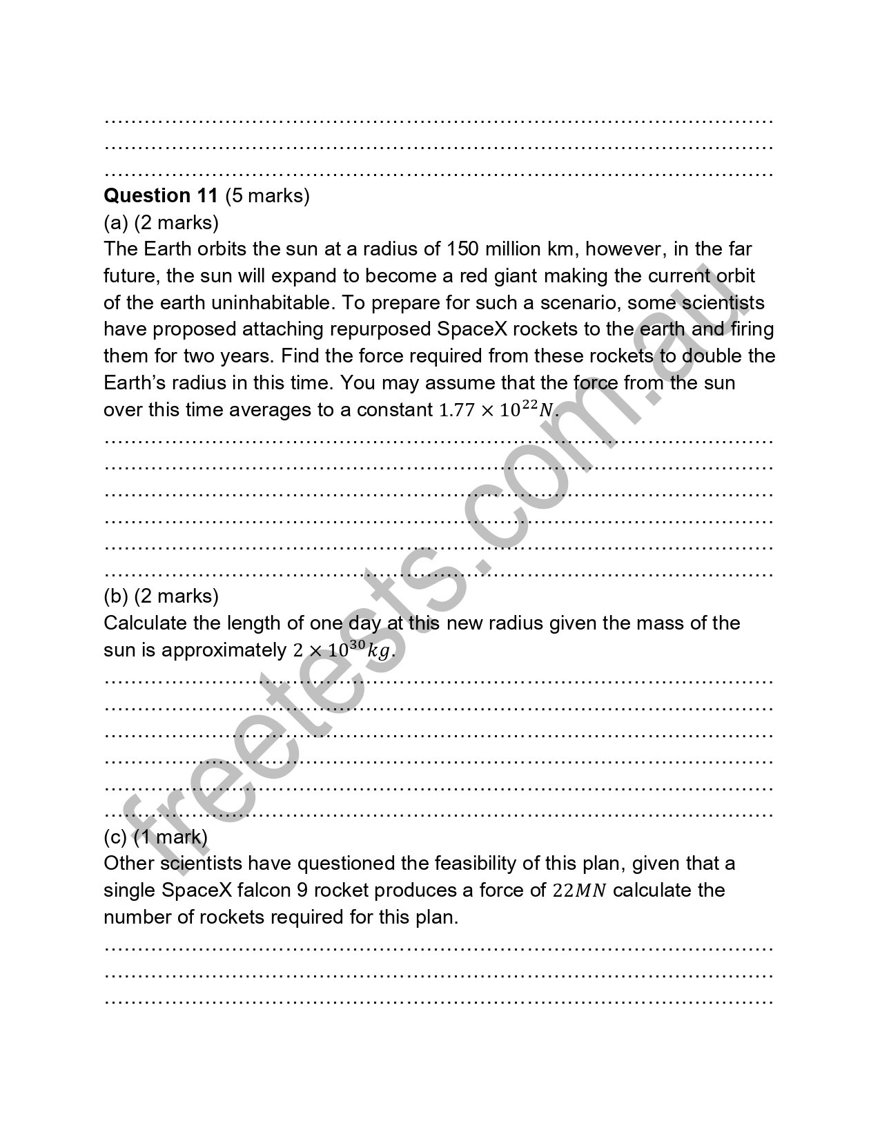 Page of a science test with questions about Earth's orbit, rocket forces, and calculating the length of one day at a new radius, with handwritten answers space.