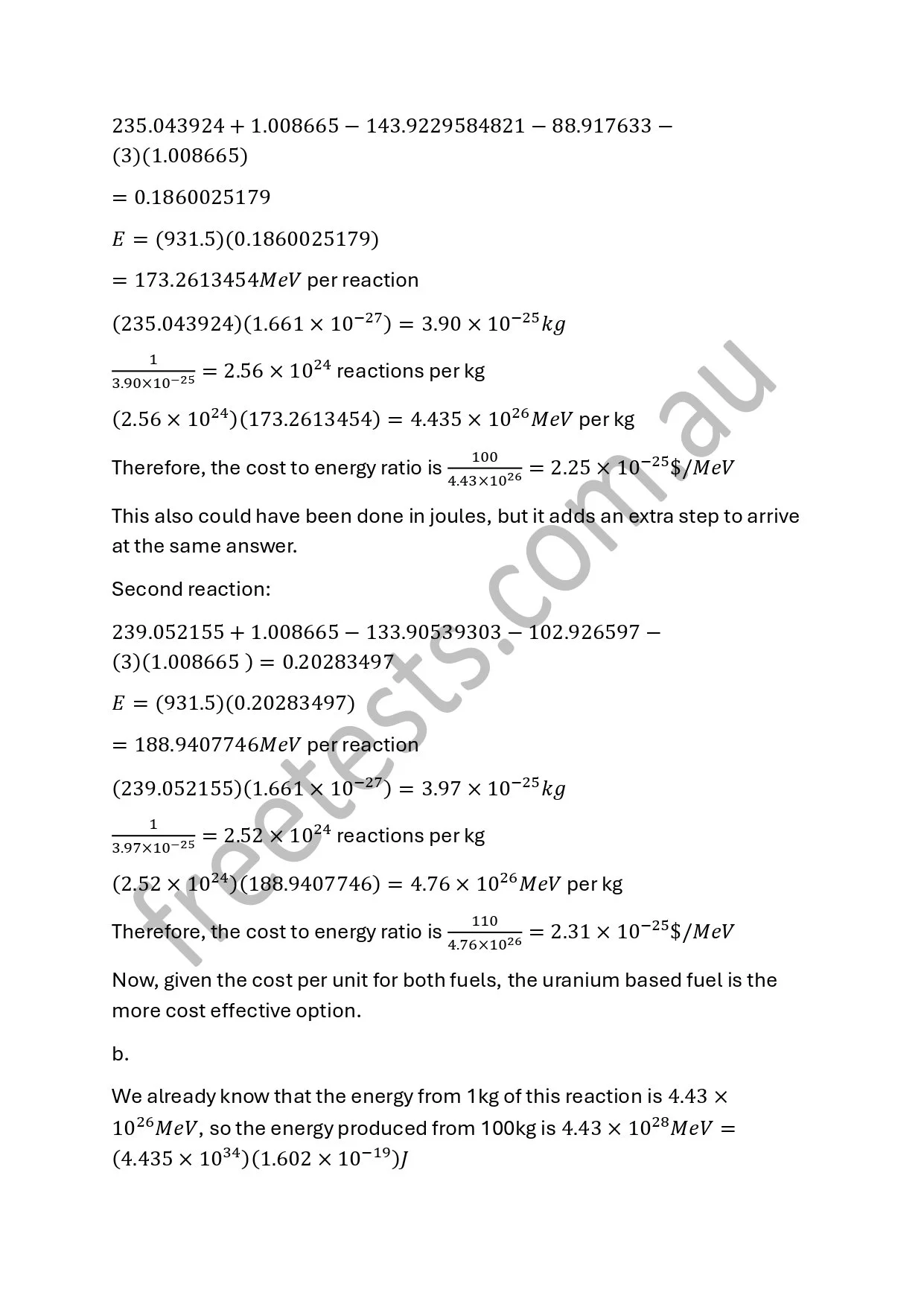 Page with scientific calculations and equations related to nuclear physics or energy reactions, including energy per reaction, reactions per kilogram, and energy cost ratios.