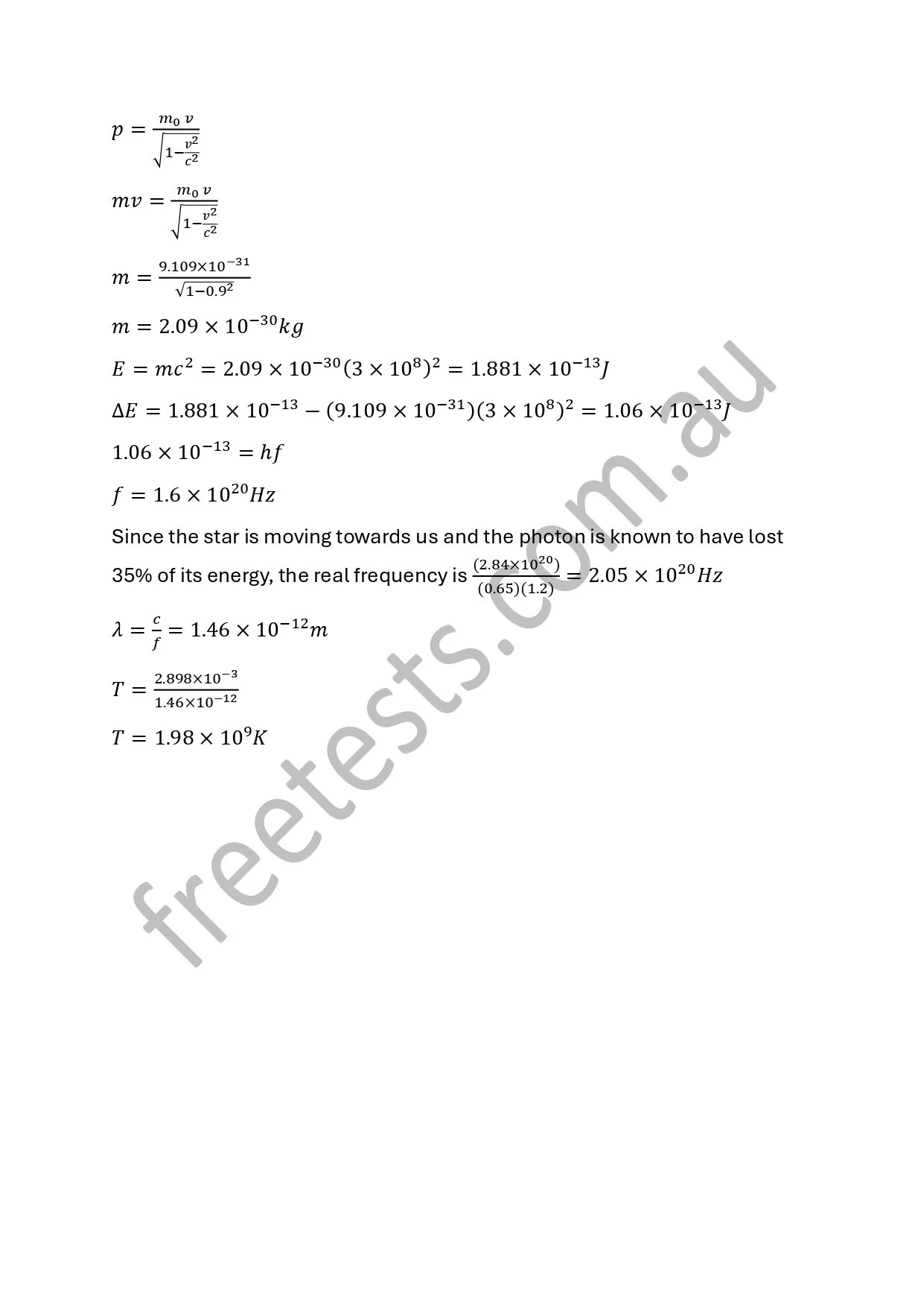 Page filled with physics equations, calculations, and some explanatory text, related to the properties of a star and photon energy.