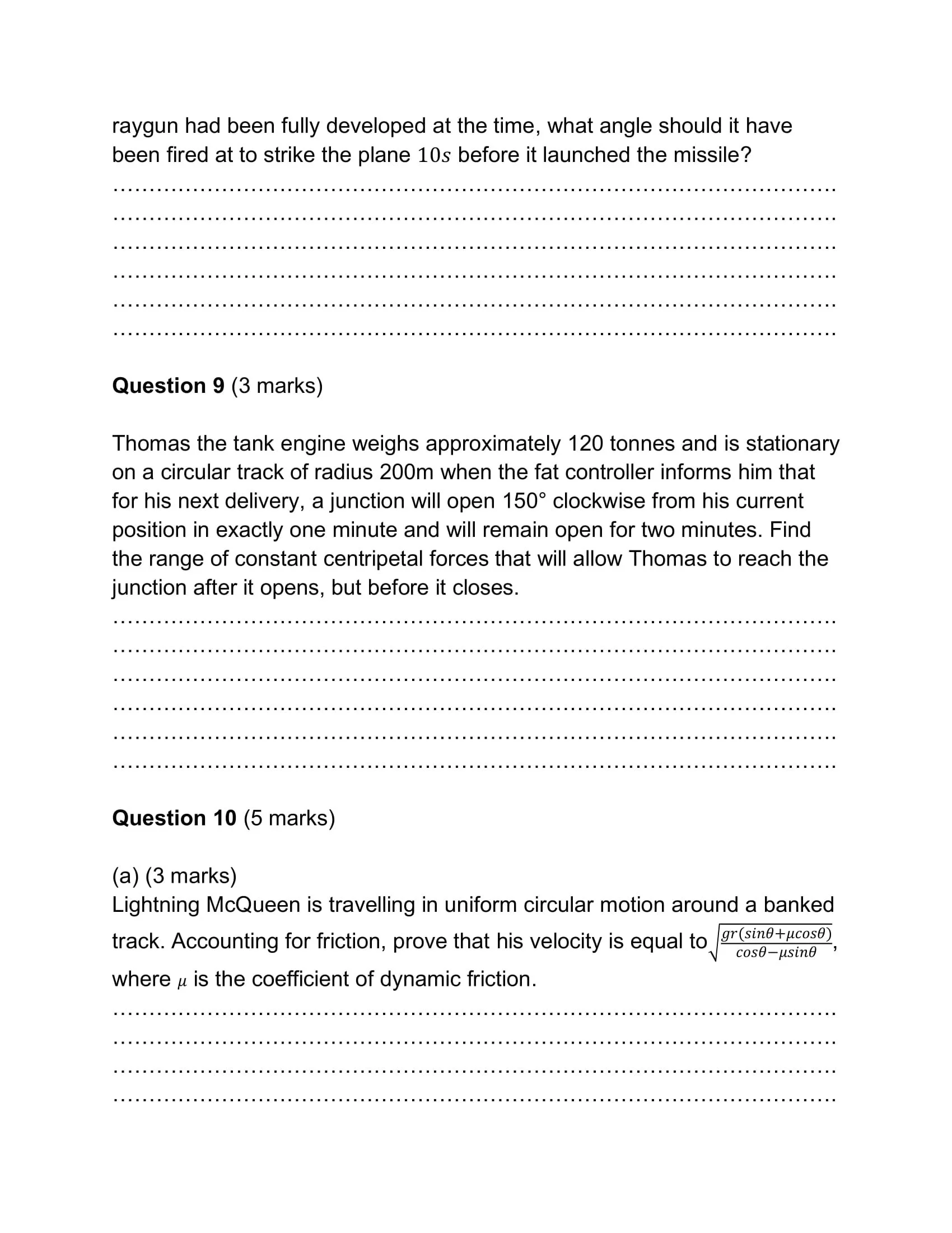 Page of a physics exam with questions about missile targeting, centrifugal force, and circular motion, including a mathematical formula for velocity with friction.