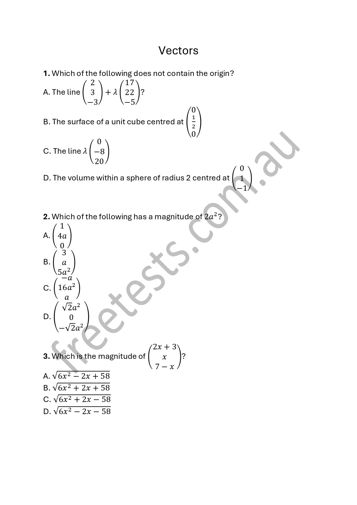 Math worksheet with questions about vectors, line equations, and magnitudes, including matrices and geometric problems, with an unfinished watermark.