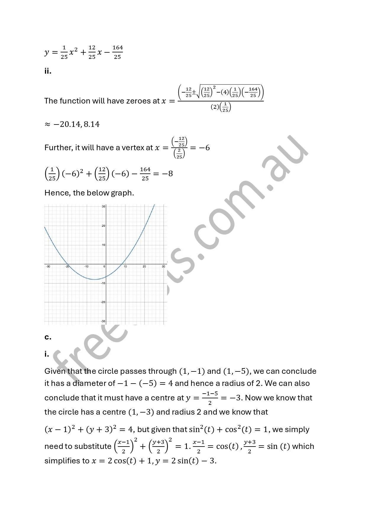 A math worksheet featuring quadratic functions, vertex calculations, and a parabola graph.