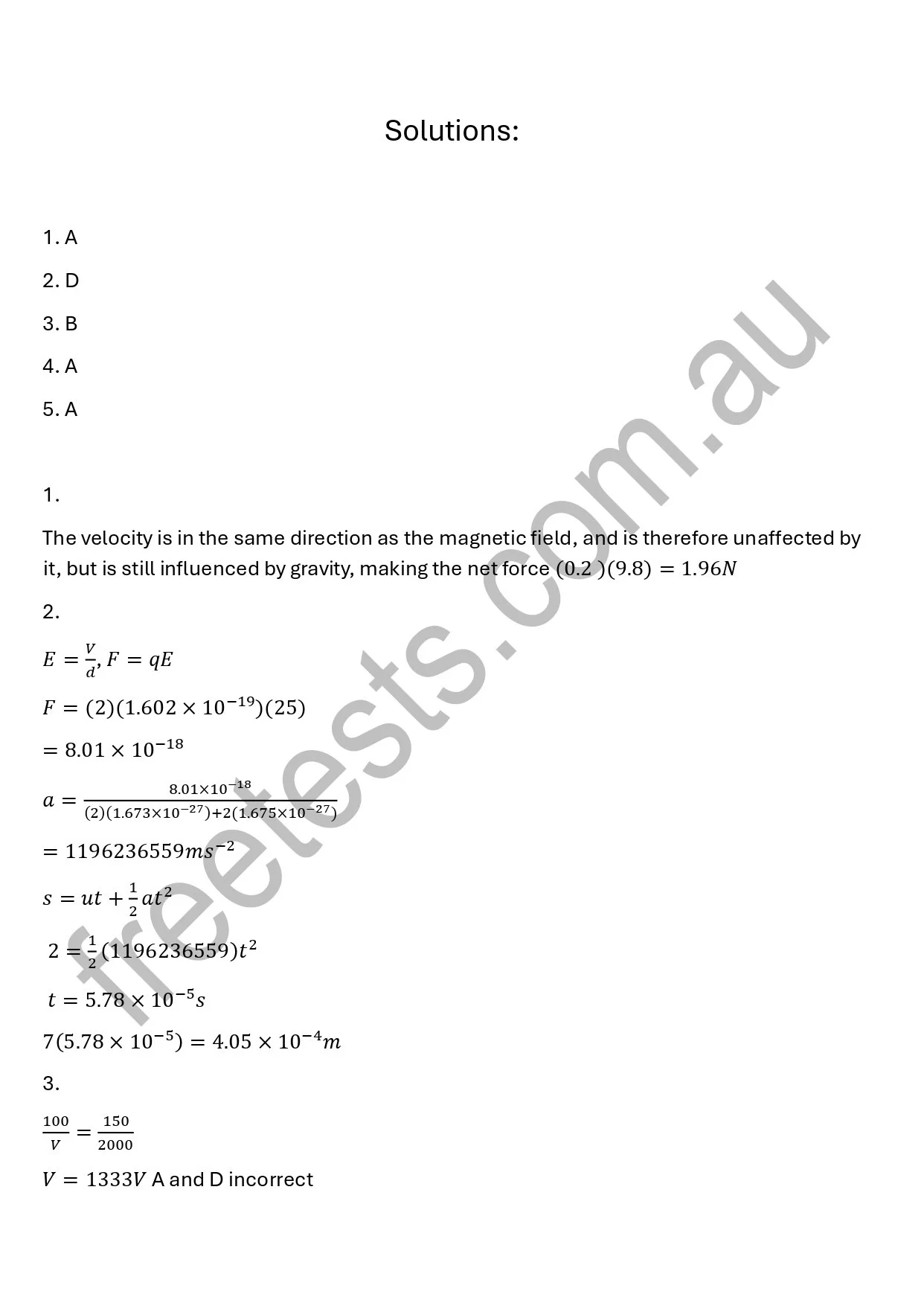 A page with physics solutions, including formulas and calculations on forces, energy, and velocity.