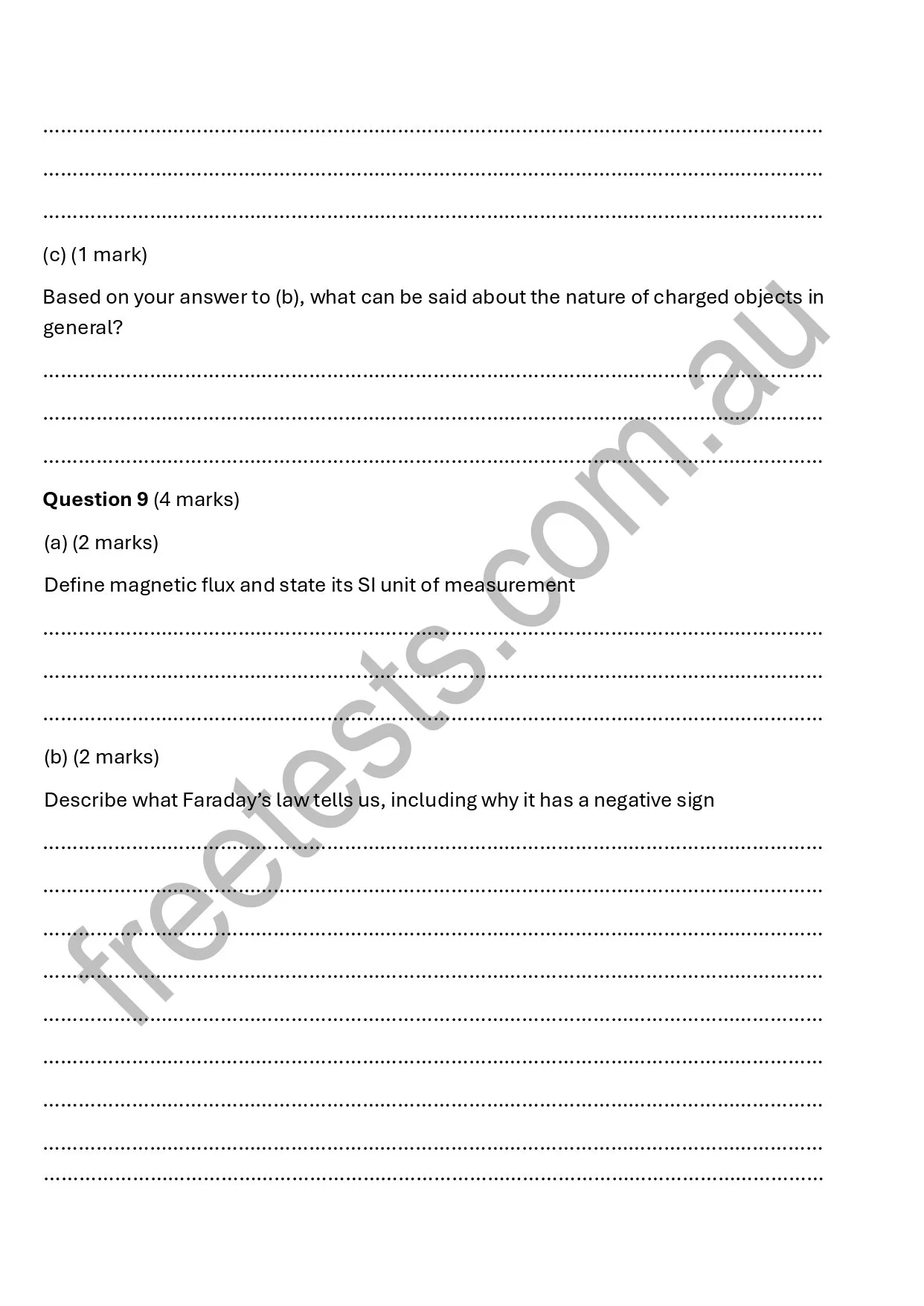A worksheet with questions about physics, including topics like charged objects, magnetic flux, SI units, and Faraday's law.