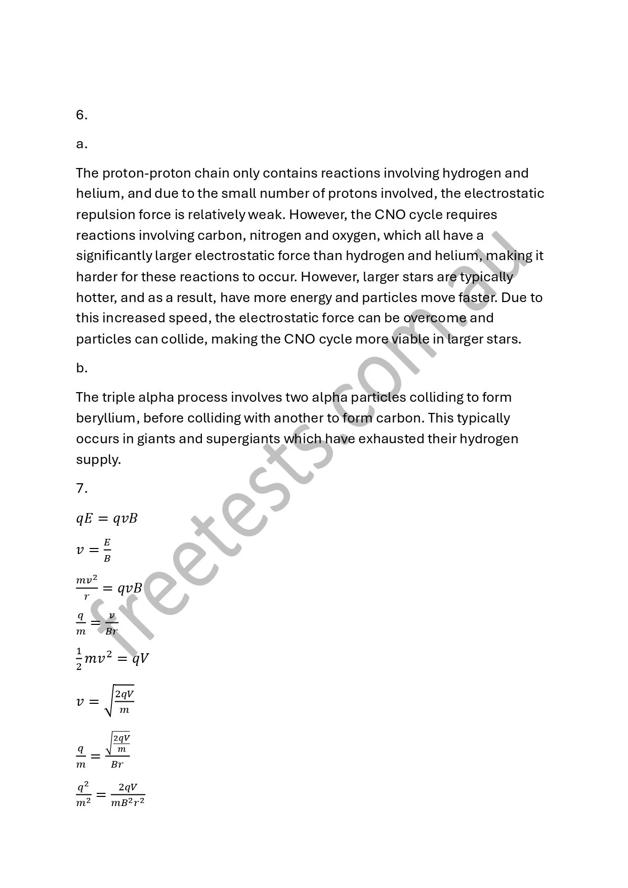 A screenshot of physics and chemistry text, including explanations of nuclear reactions, the triple alpha process, and related formulas, with a diagonal watermark saying 'freeimages.com'.
