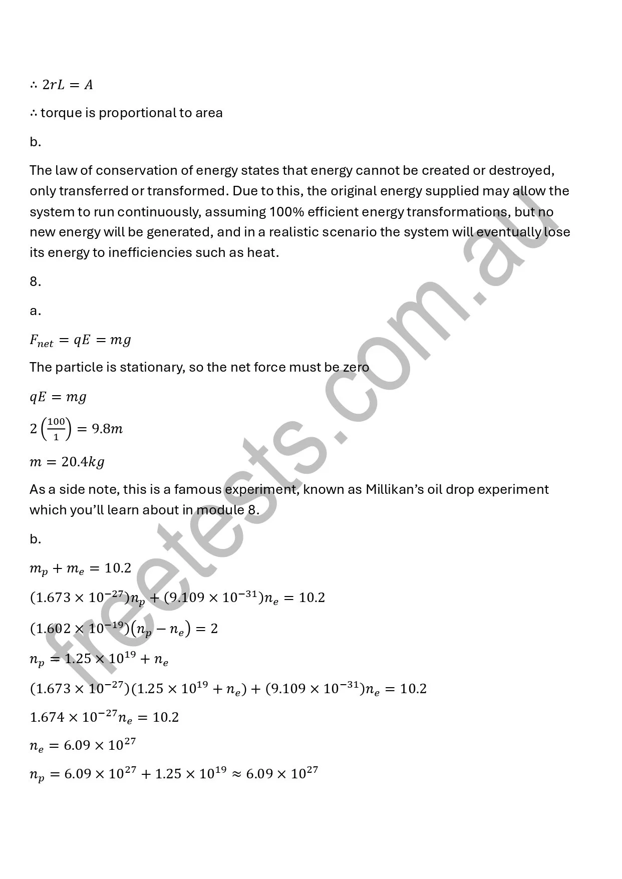 A page of scientific text containing physics equations and descriptions, including references to the Law of Conservation of Energy, Milikan's oil drop experiment, and calculations involving particle mass and charge.