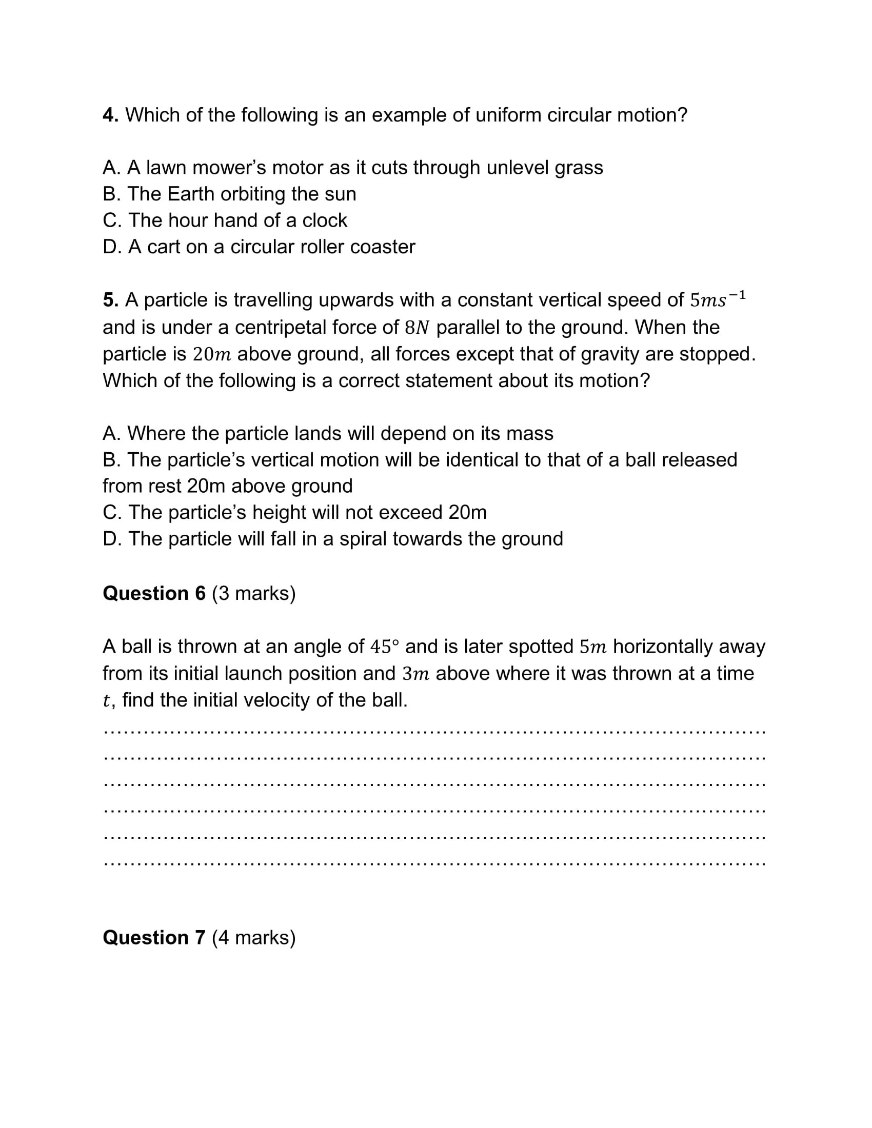 A science exam page with physics questions about uniform circular motion, forces, and velocity, featuring multiple-choice options and a diagram for projectile motion analysis.